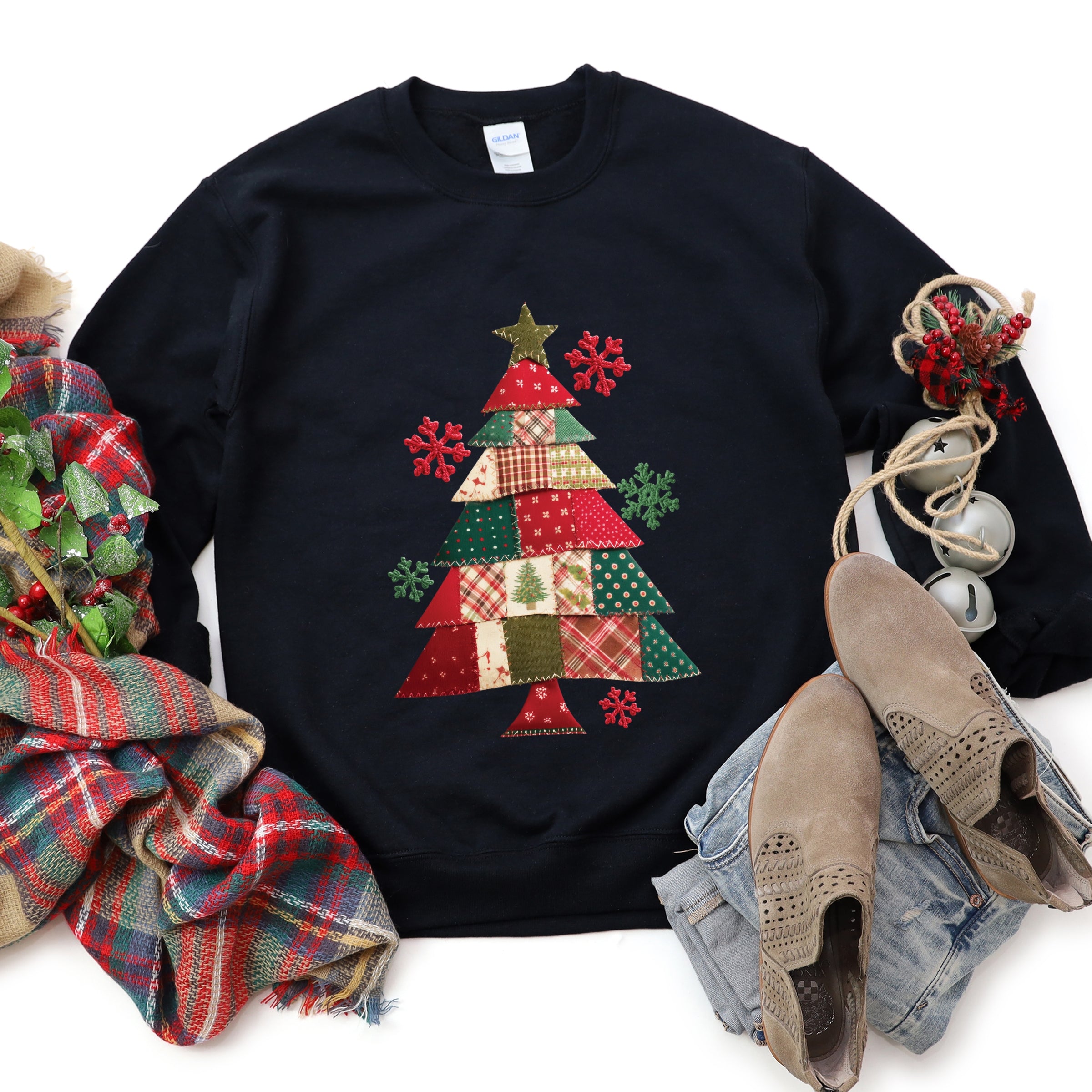 Christmas Tree Patchwork Print - Women's Graphic Sweatshirt