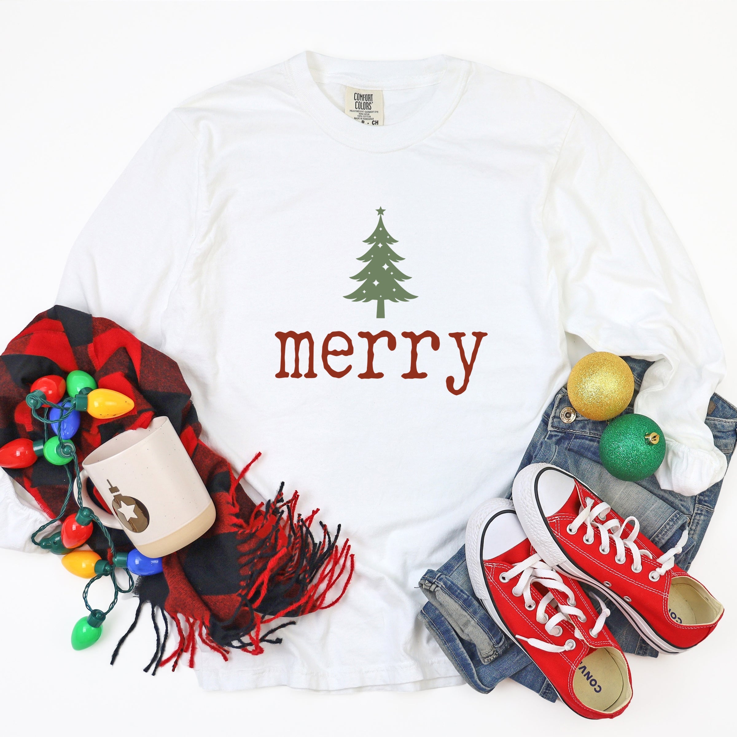 Merry Christmas Tree Stars - Women's Garment Dyed Long Sleeve Graphic T-Shirt