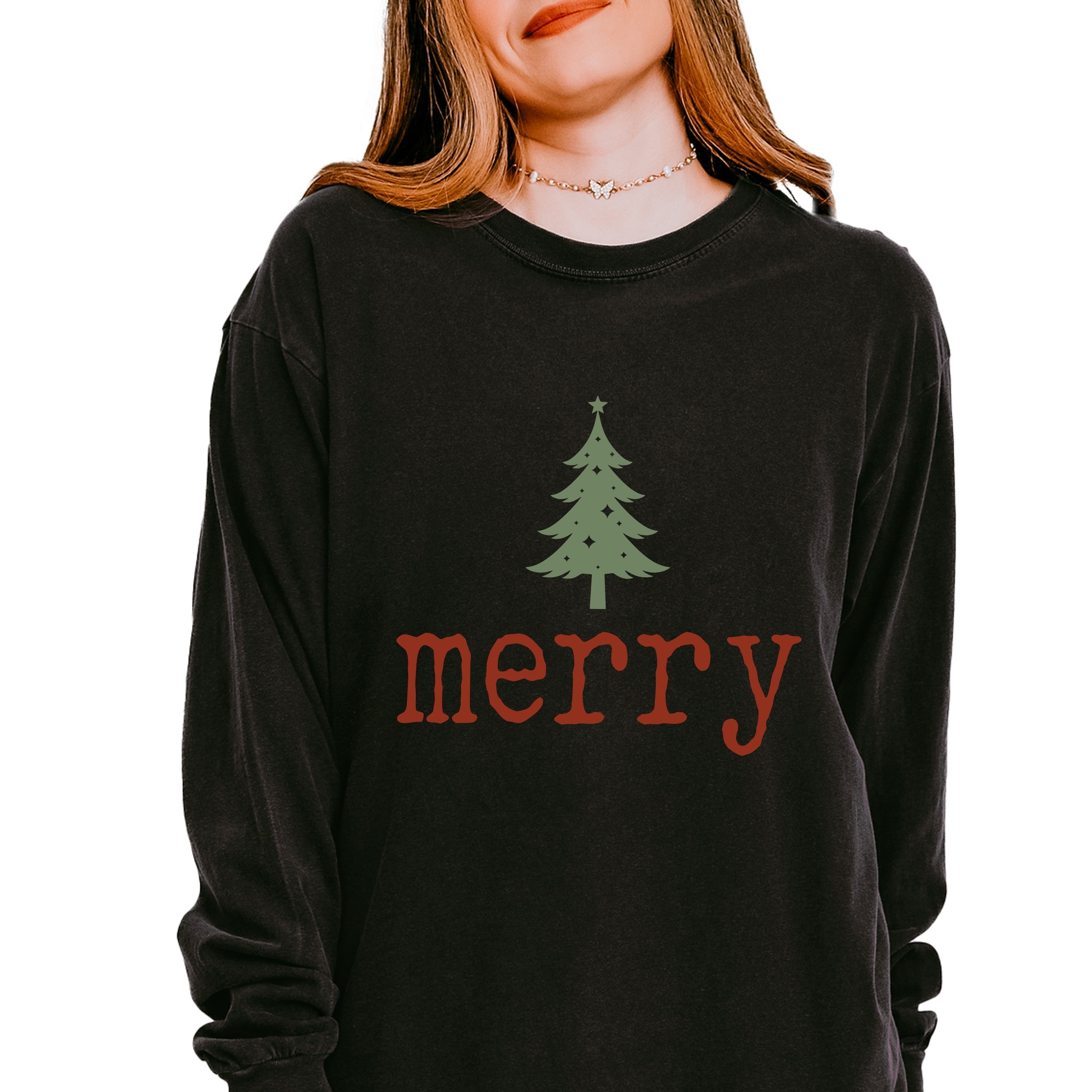 Merry Christmas Tree Stars - Women's Garment Dyed Long Sleeve Graphic T-Shirt
