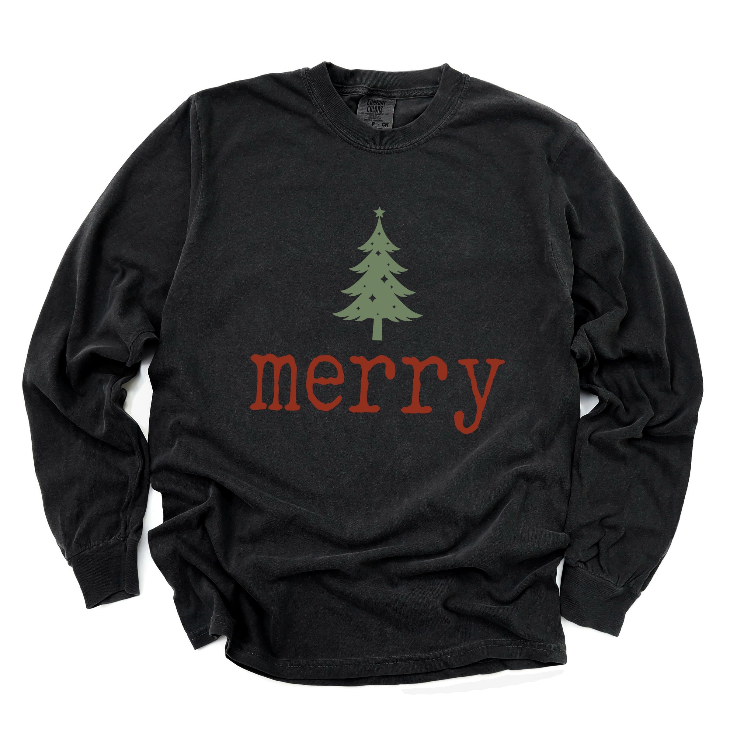 Merry Christmas Tree Stars - Women's Garment Dyed Long Sleeve Graphic T-Shirt