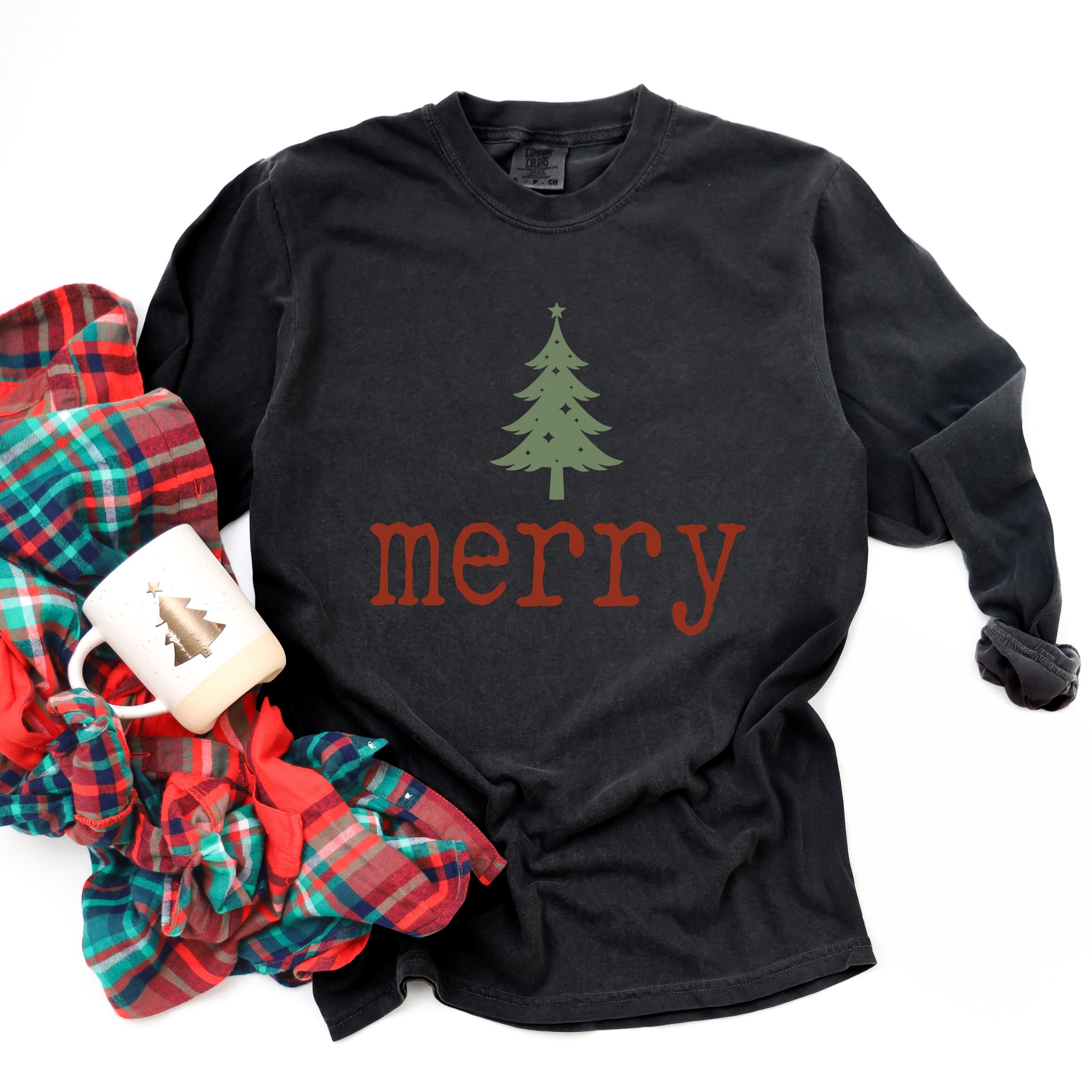 Merry Christmas Tree Stars - Women's Garment Dyed Long Sleeve Graphic T-Shirt