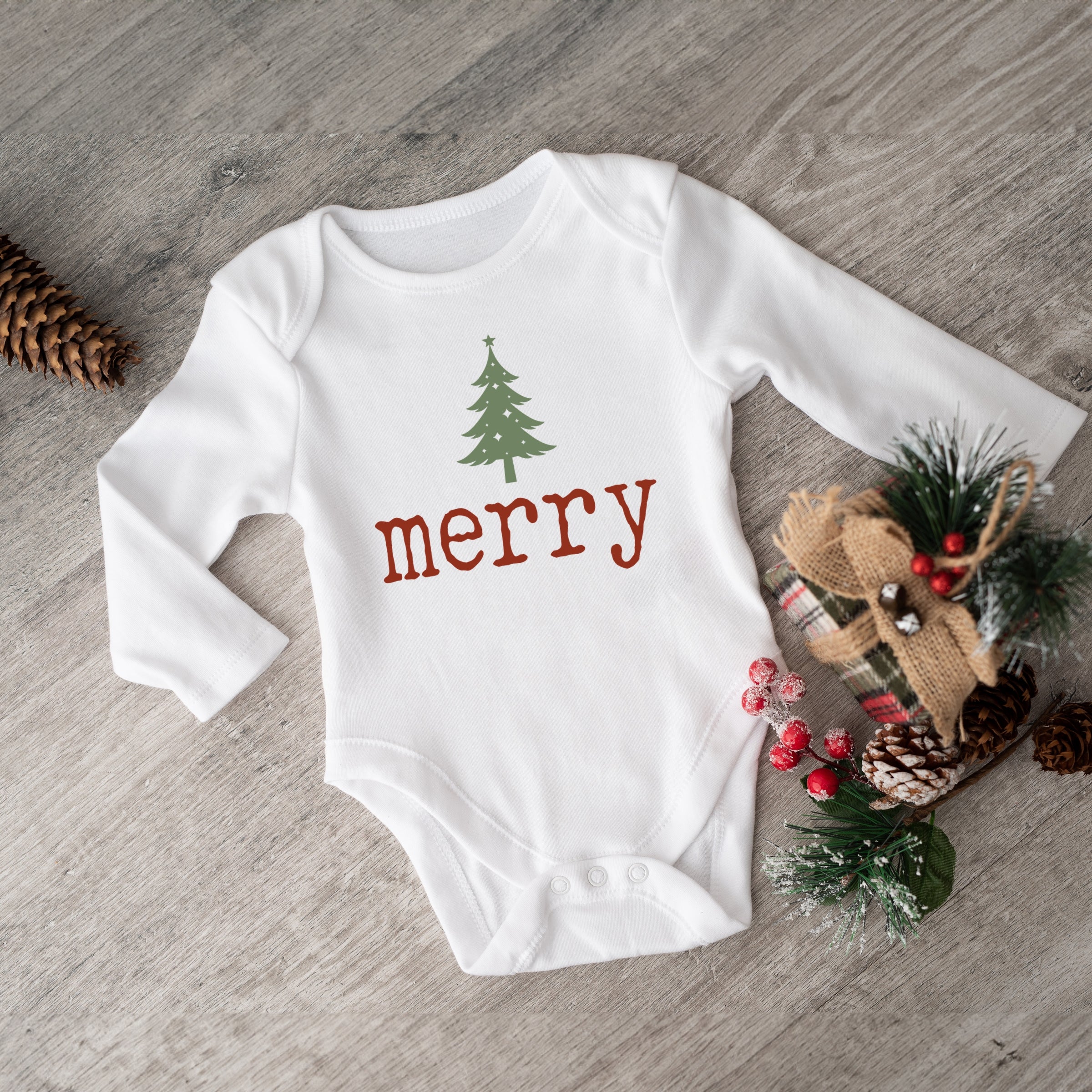 Merry Christmas Tree Stars - Baby Long Sleeve Bodysuit