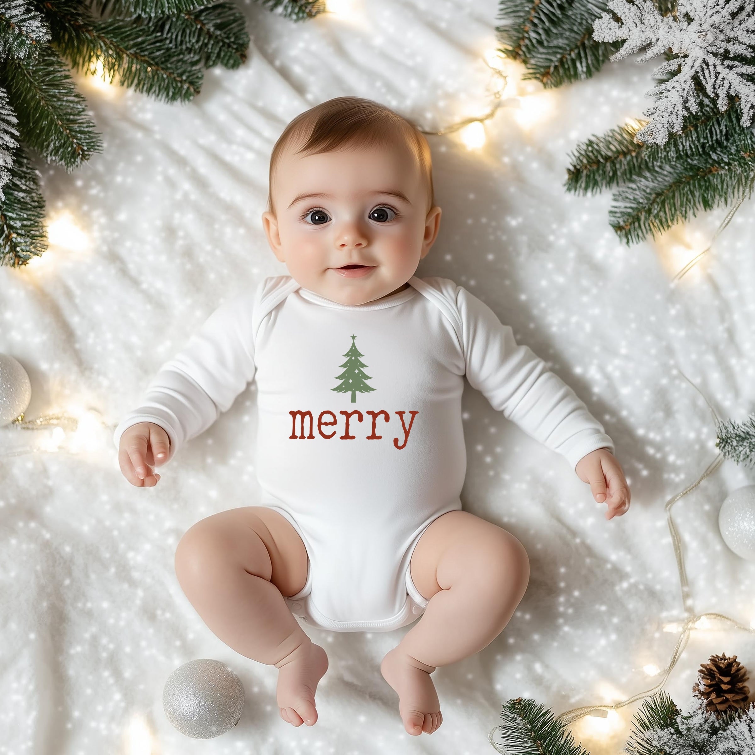 Merry Christmas Tree Stars - Baby Long Sleeve Bodysuit