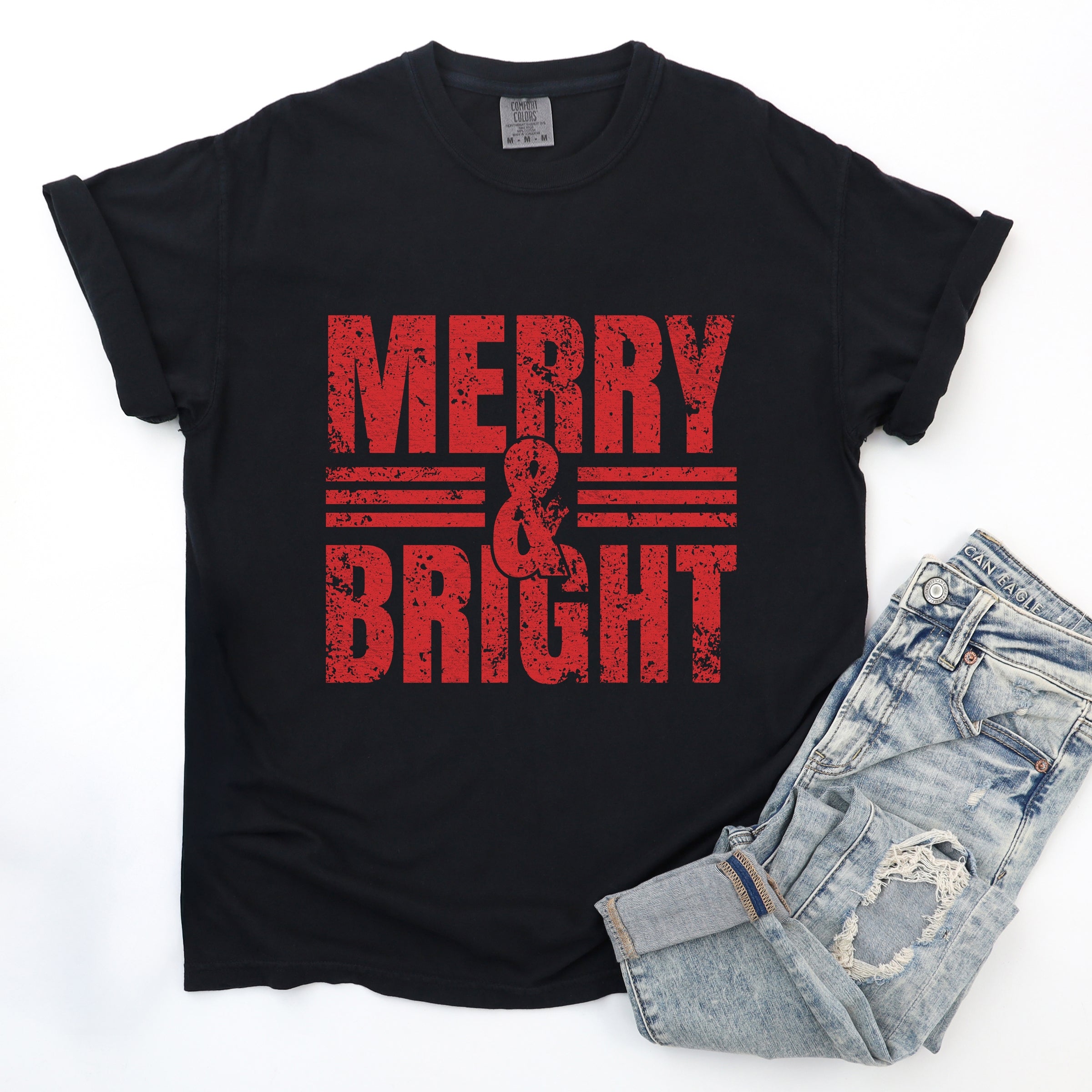 Merry & Bright Distressed - Women's Garment Dyed Graphic T-Shirt