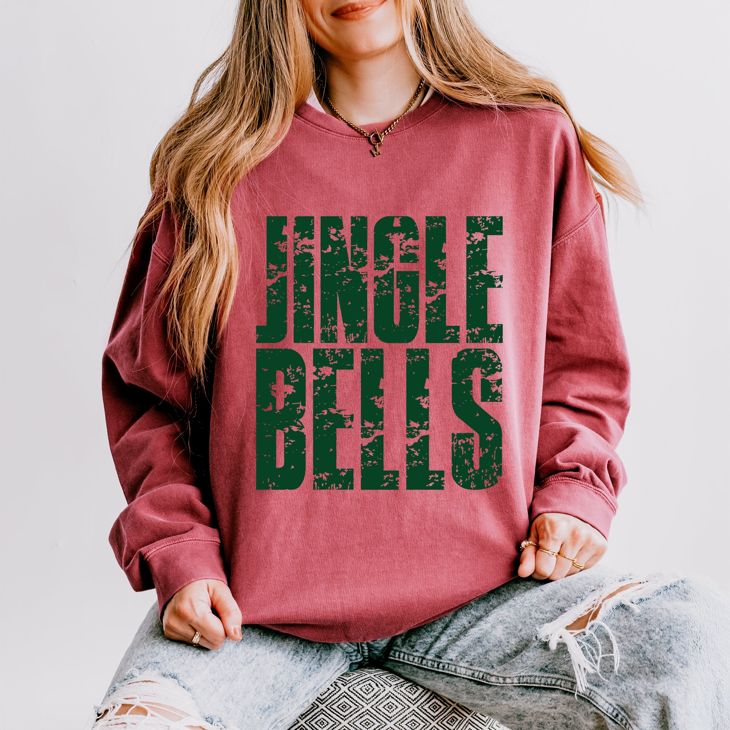 Jingle Bells Block Distressed - Women's Lightweight Garment Dyed Sweatshirt