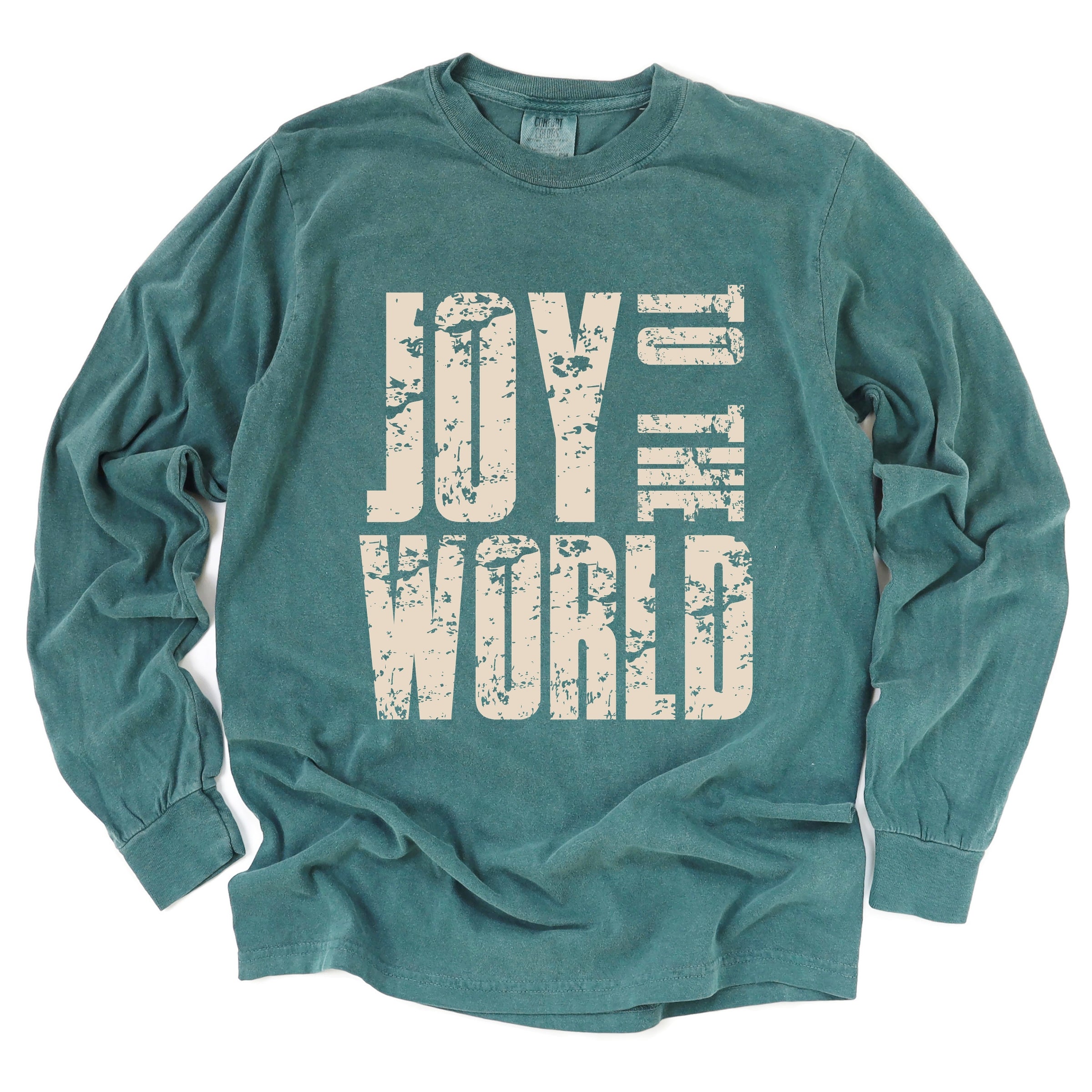 Joy To The World Block Distressed - Women's Garment Dyed Long Sleeve Graphic T-Shirt