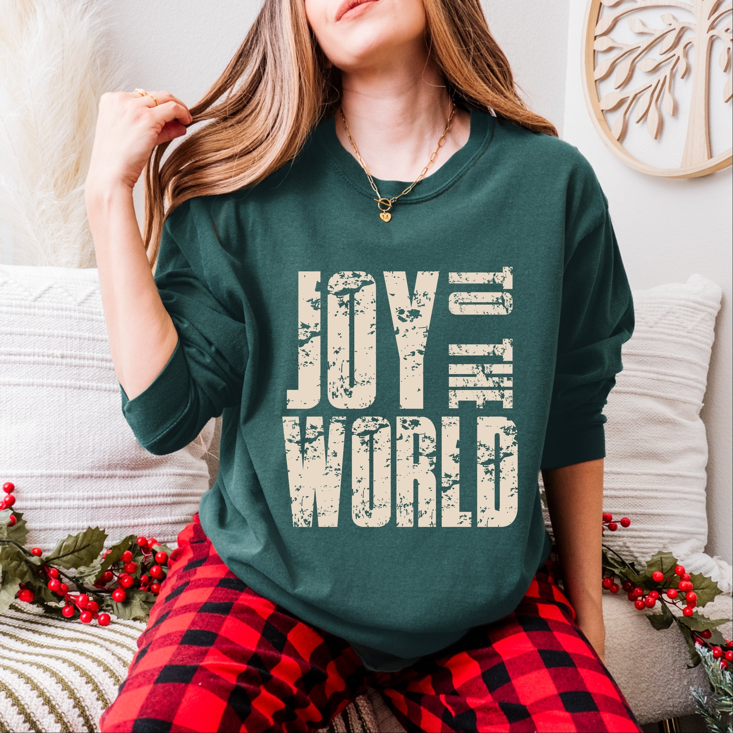 Joy To The World Block Distressed - Women's Garment Dyed Long Sleeve Graphic T-Shirt