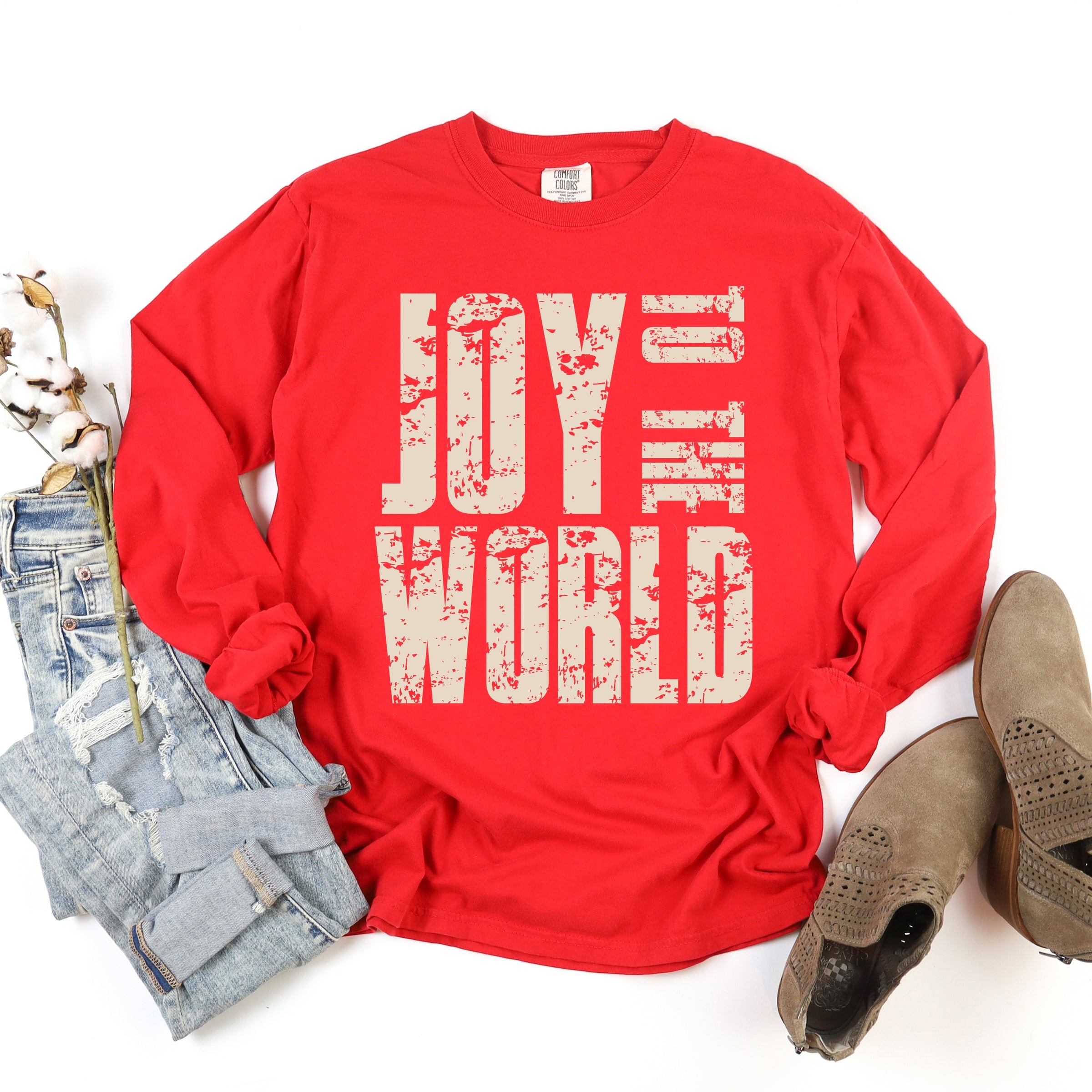 Joy To The World Block Distressed - Women's Garment Dyed Long Sleeve Graphic T-Shirt