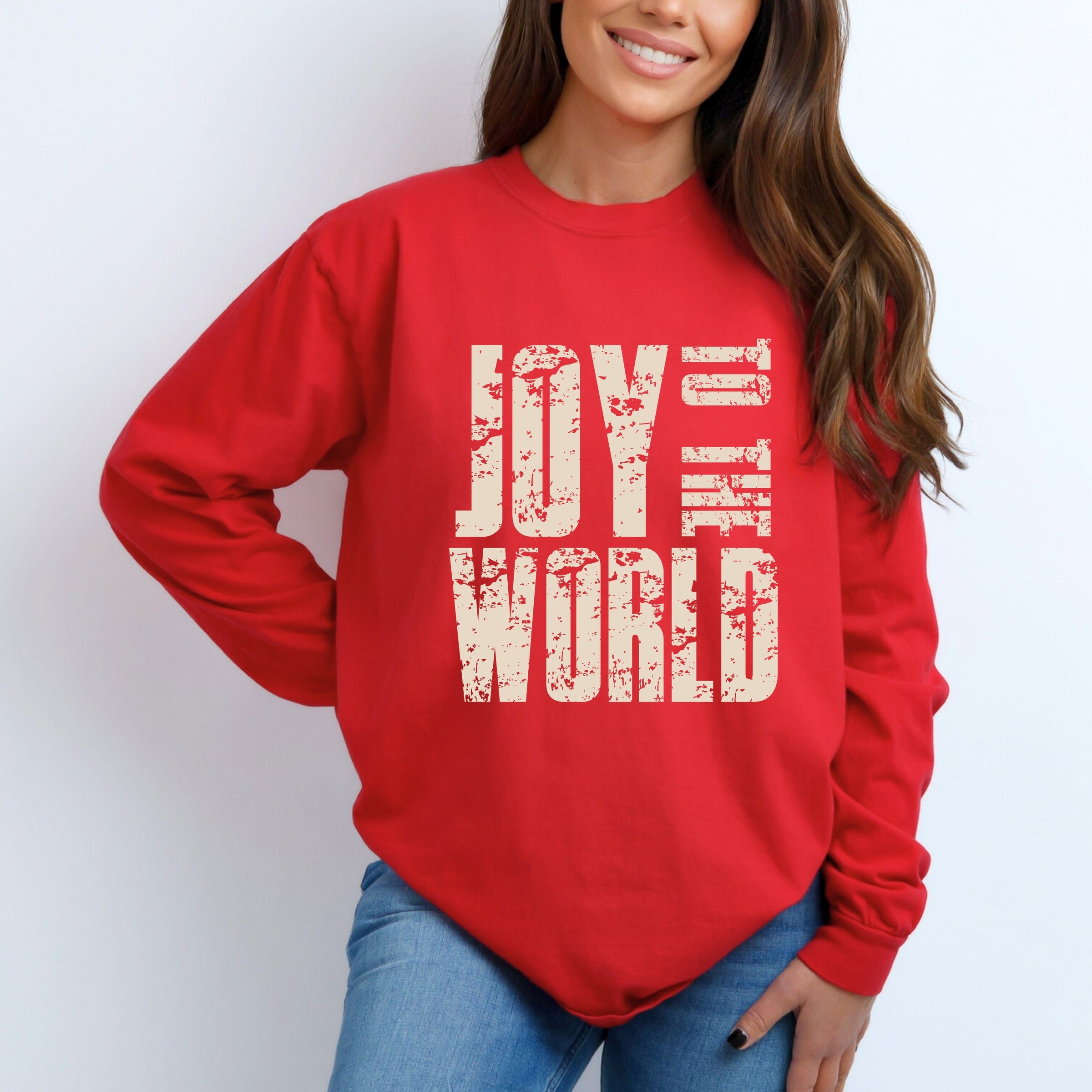 Joy To The World Block Distressed - Women's Garment Dyed Long Sleeve Graphic T-Shirt
