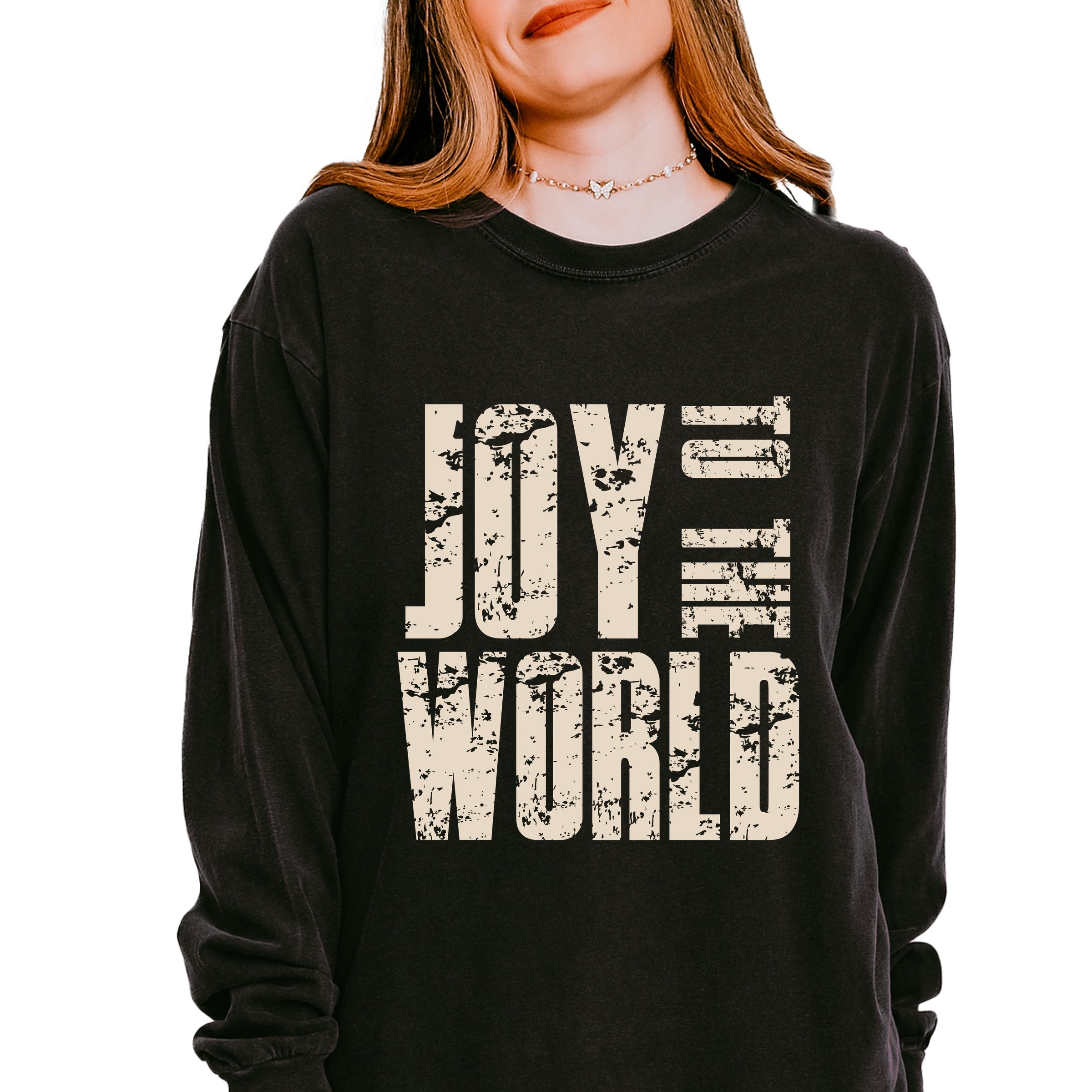 Joy To The World Block Distressed - Women's Garment Dyed Long Sleeve Graphic T-Shirt