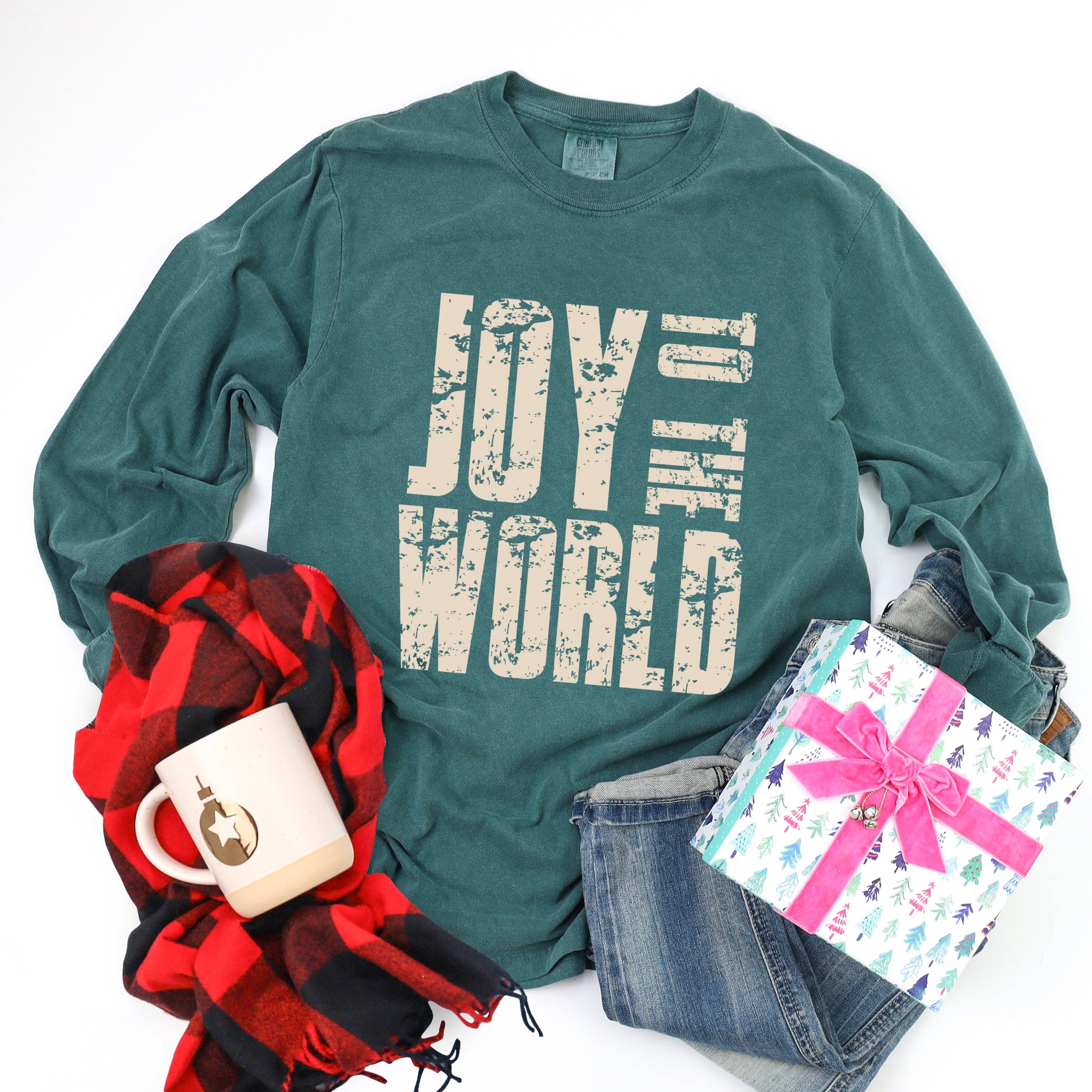 Joy To The World Block Distressed - Women's Garment Dyed Long Sleeve Graphic T-Shirt