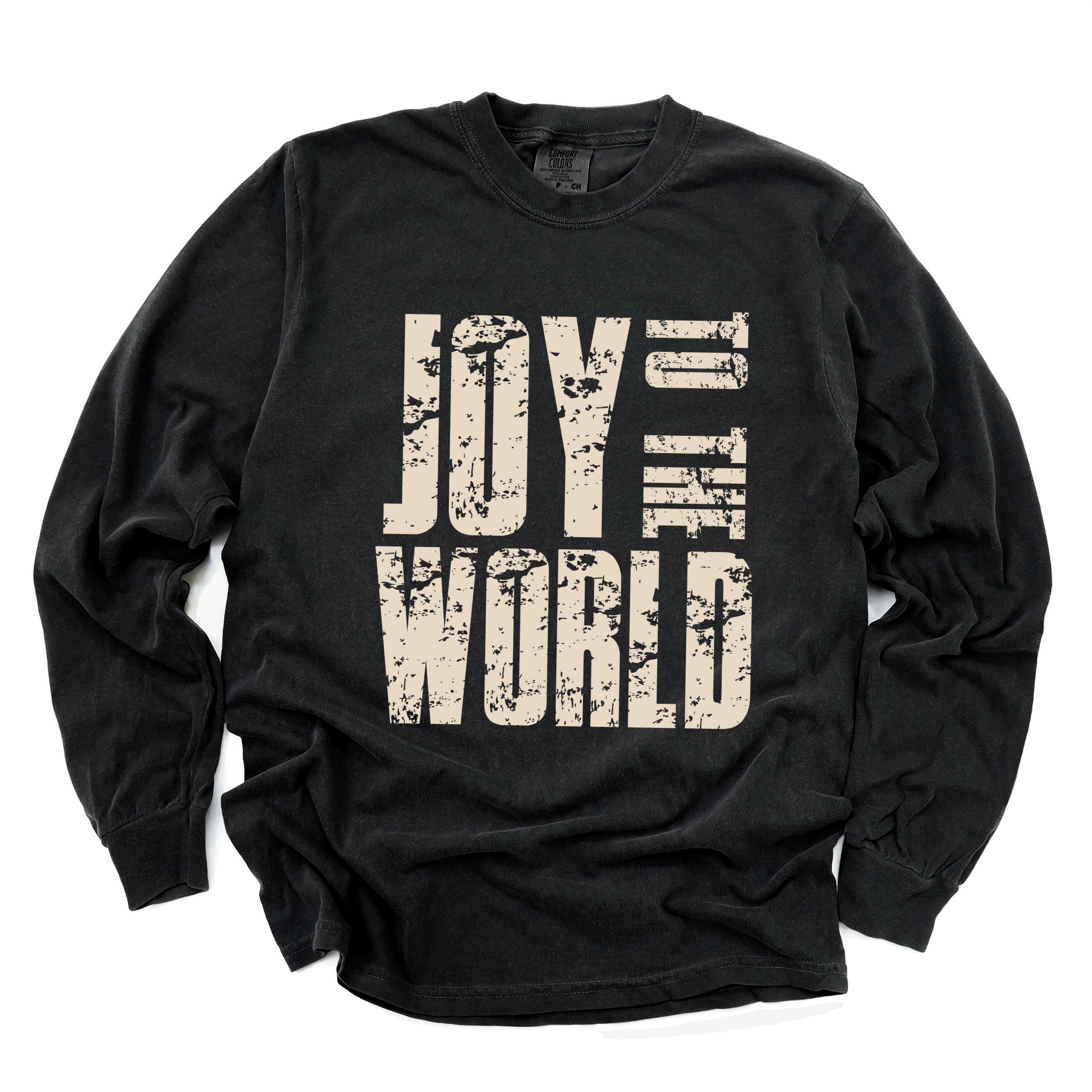 Joy To The World Block Distressed - Women's Garment Dyed Long Sleeve Graphic T-Shirt