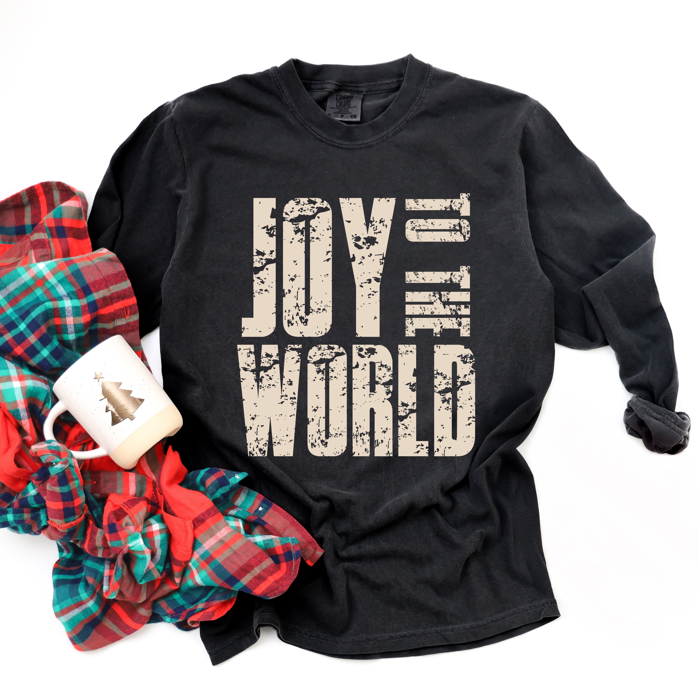 Joy To The World Block Distressed - Women's Garment Dyed Long Sleeve Graphic T-Shirt