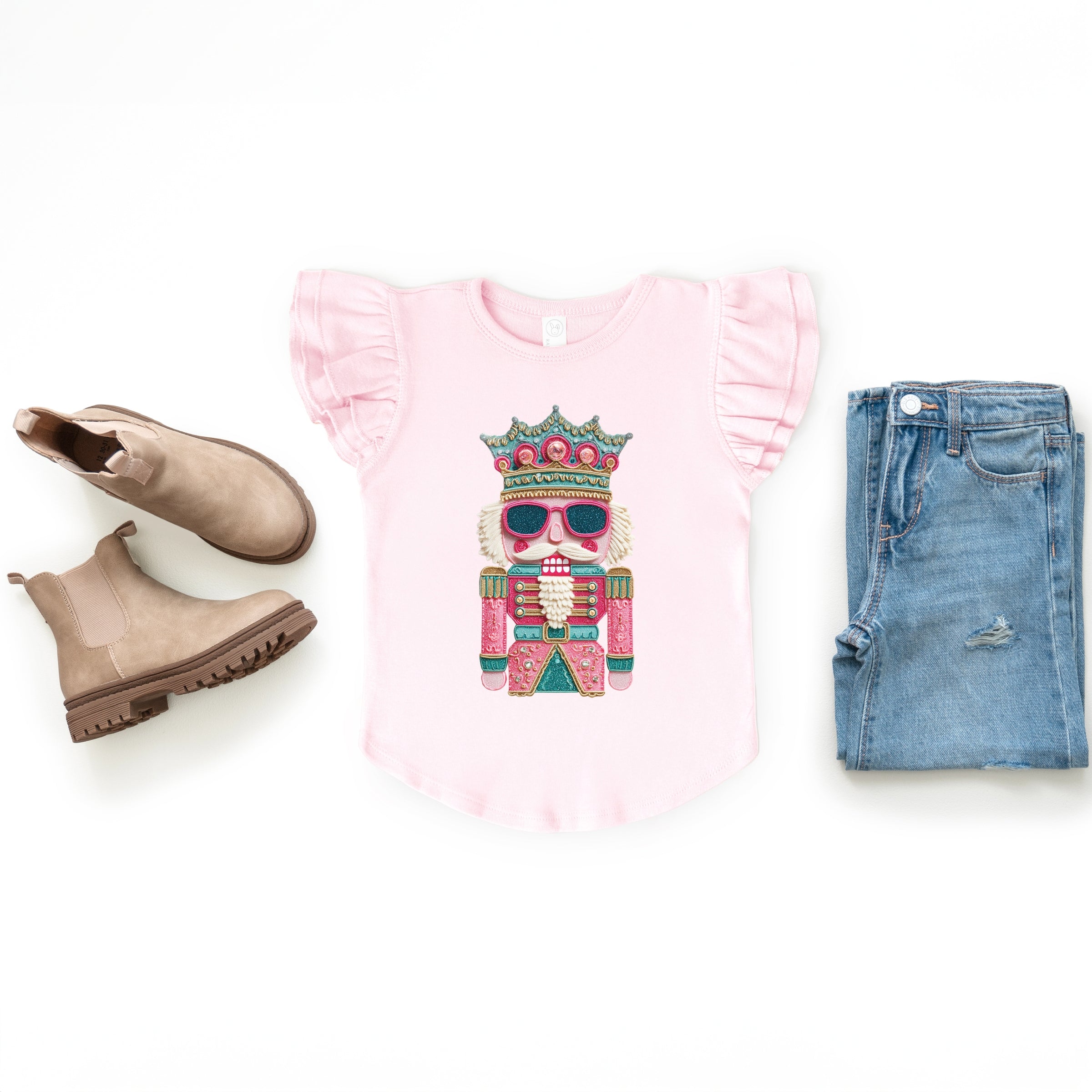 Pink and Teal Nutcracker Patchwork Print - Flutter Sleeve Graphic T-Shirt