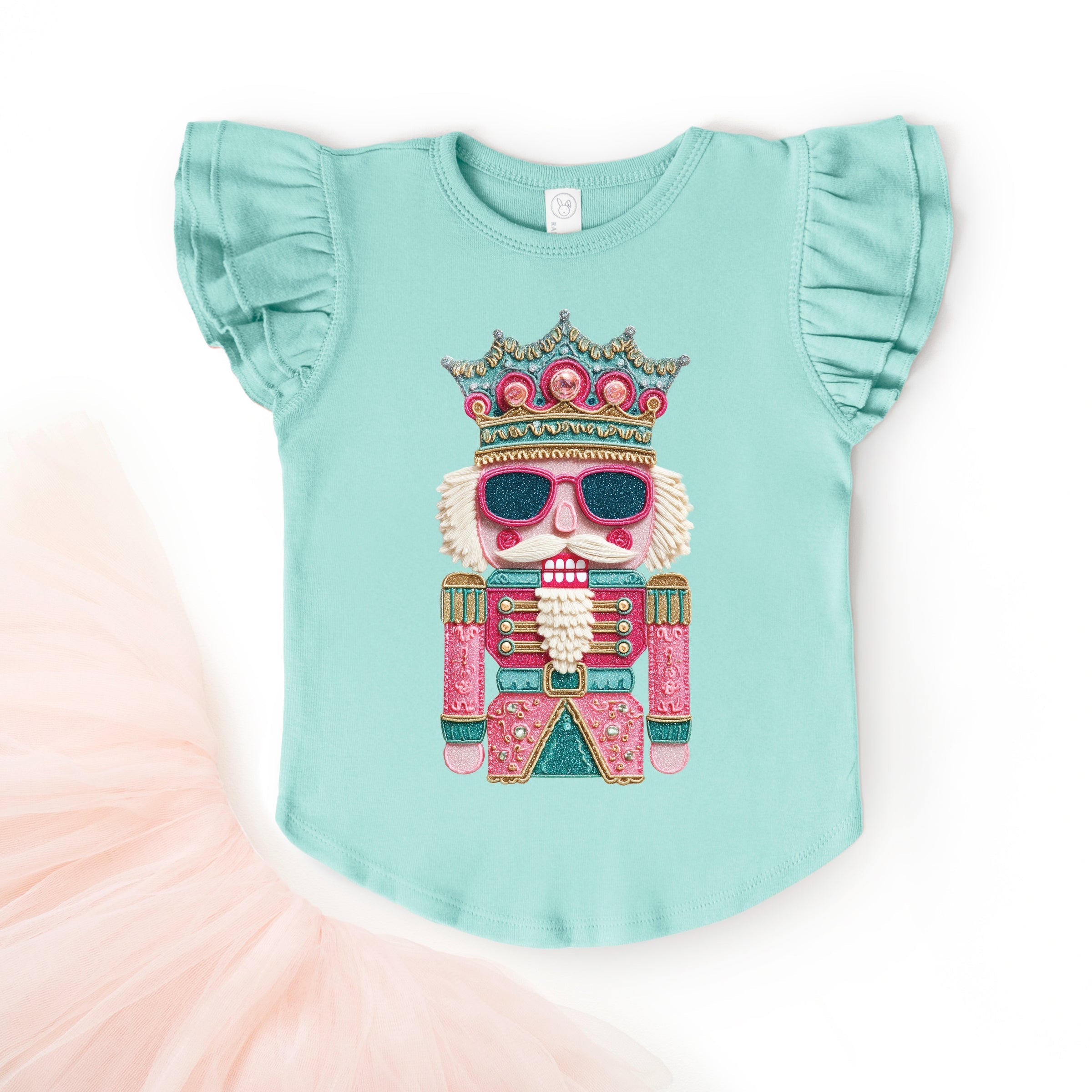 Pink and Teal Nutcracker Patchwork Print - Flutter Sleeve Graphic T-Shirt