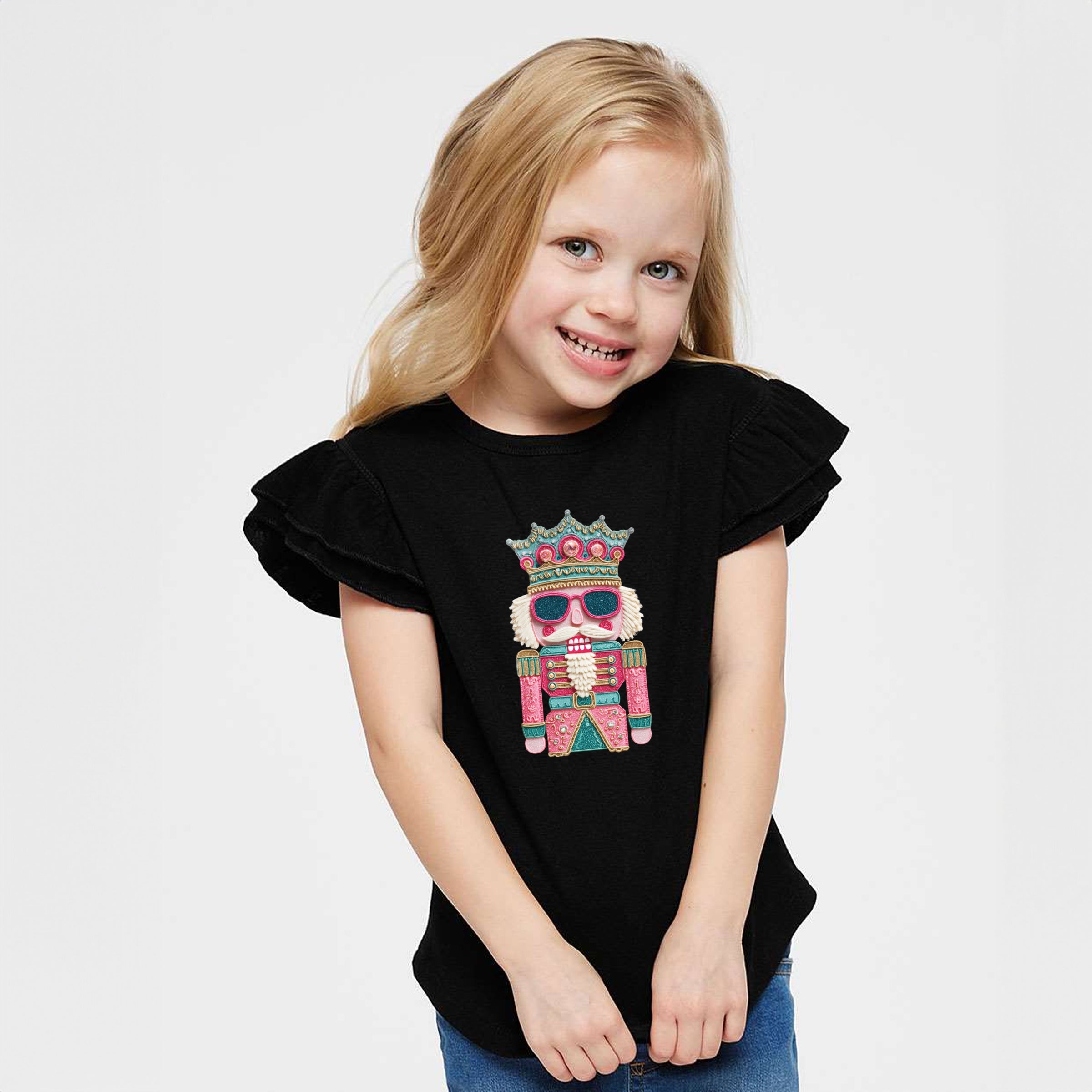 Pink and Teal Nutcracker Patchwork Print - Flutter Sleeve Graphic T-Shirt