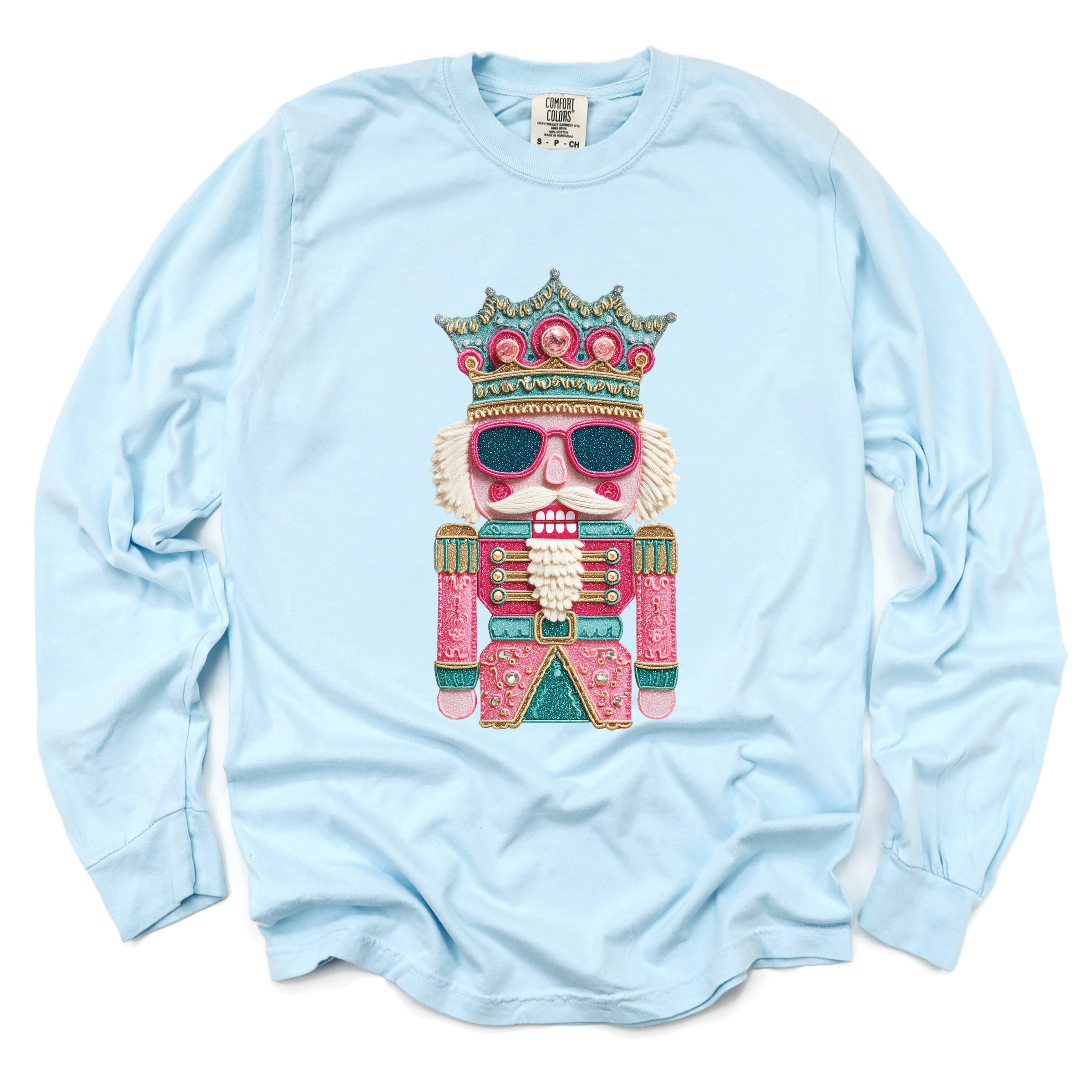 Pink and Teal Nutcracker Patchwork Print - Women's Garment Dyed Long Sleeve Graphic T-Shirt