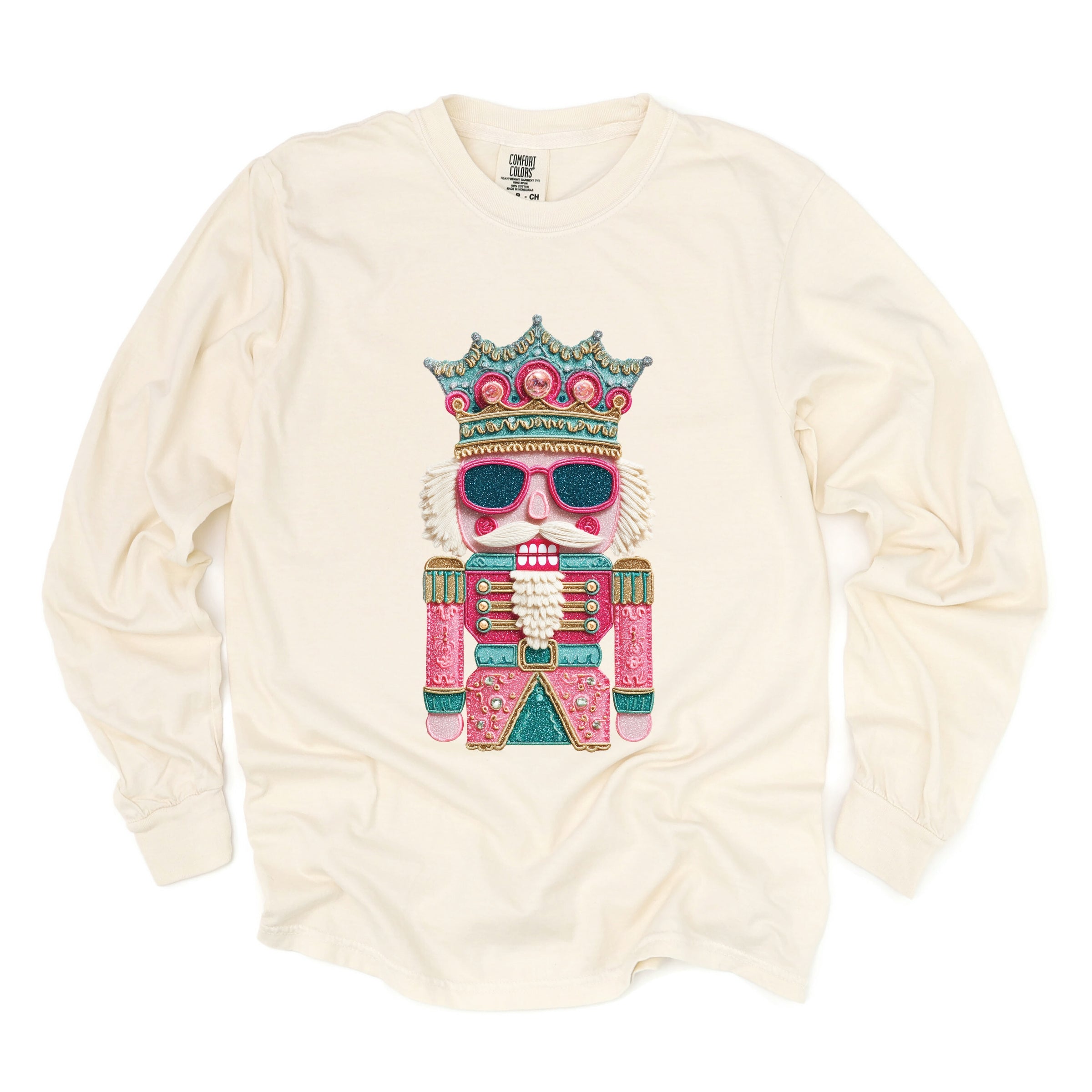 Pink and Teal Nutcracker Patchwork Print - Women's Garment Dyed Long Sleeve Graphic T-Shirt