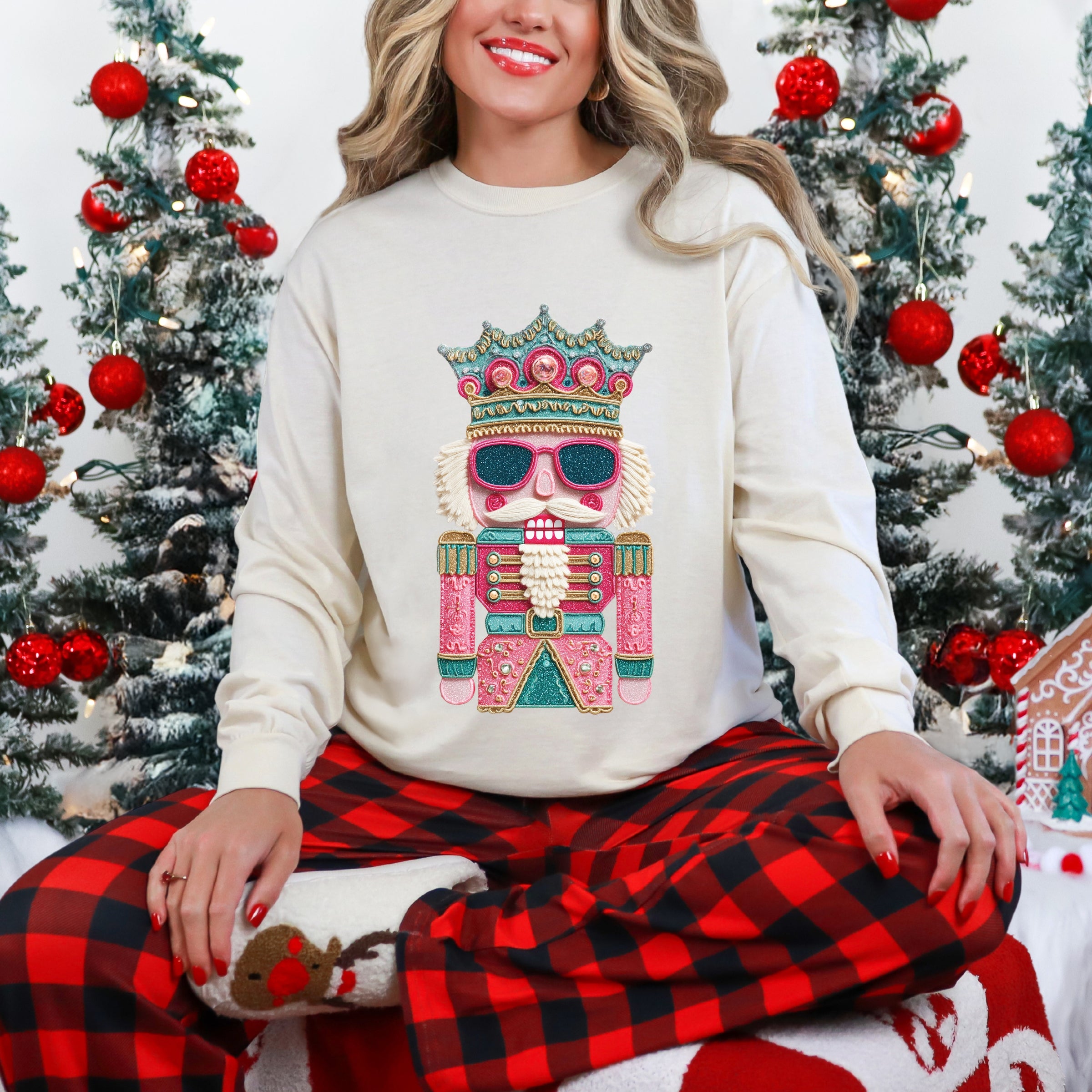 Pink and Teal Nutcracker Patchwork Print - Women's Garment Dyed Long Sleeve Graphic T-Shirt