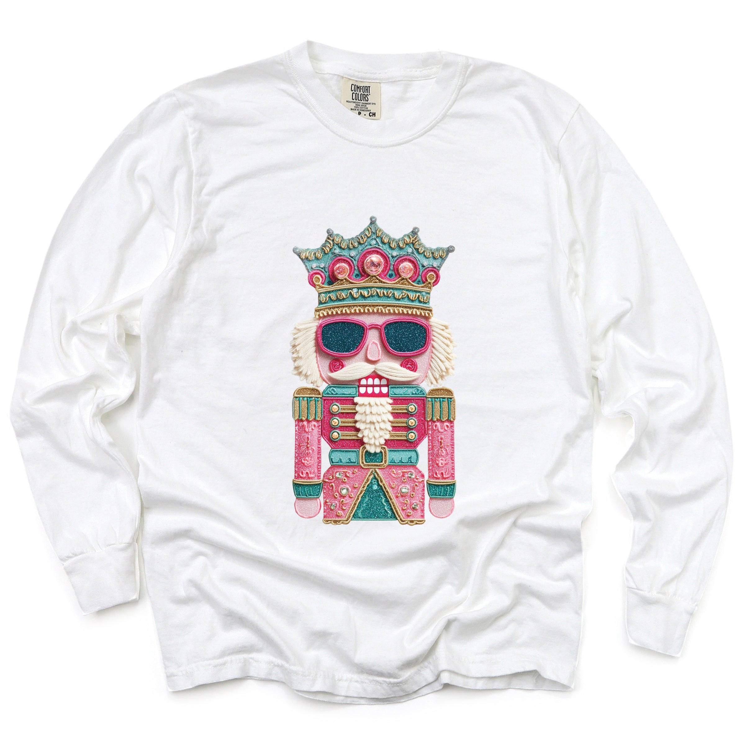 Pink and Teal Nutcracker Patchwork Print - Women's Garment Dyed Long Sleeve Graphic T-Shirt