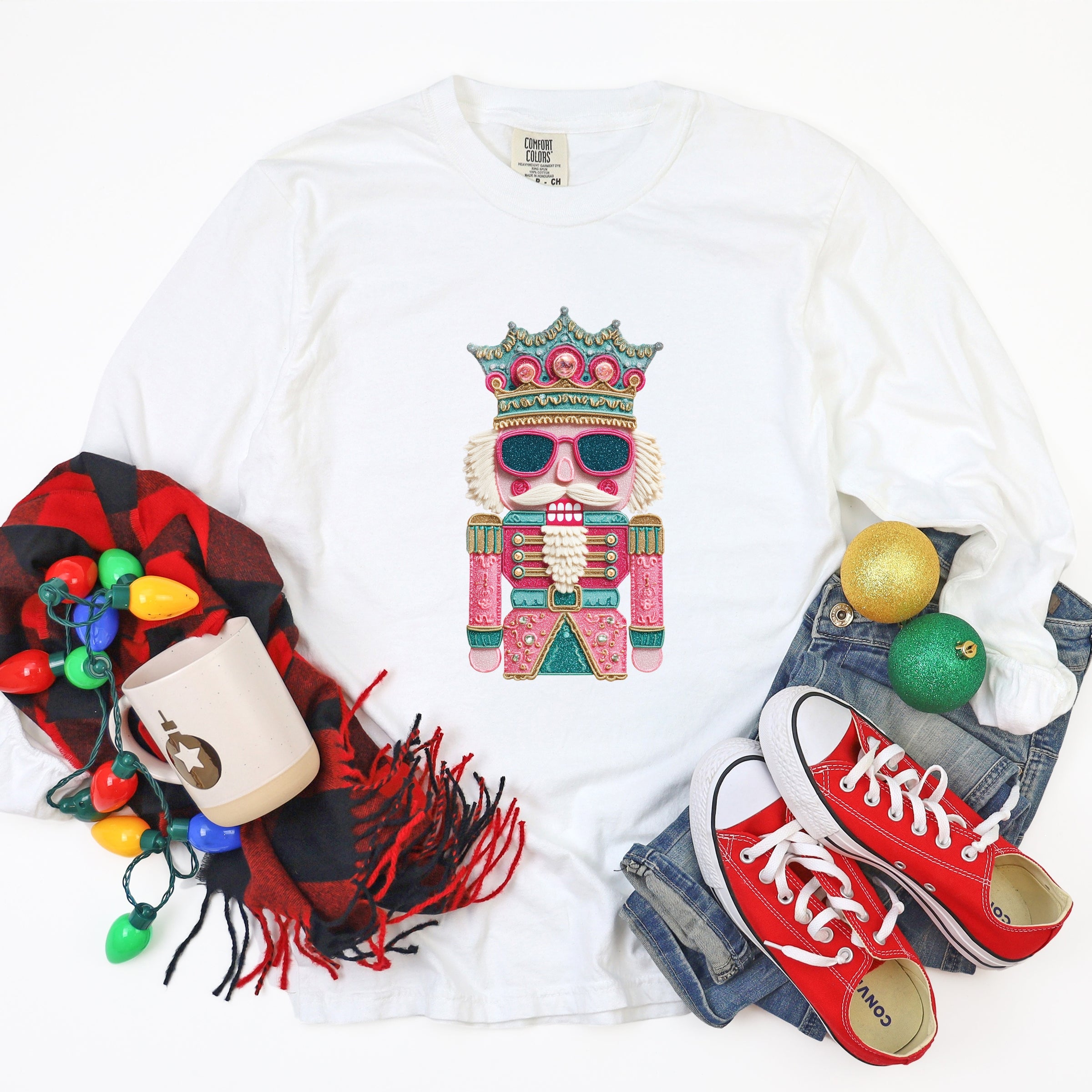 Pink and Teal Nutcracker Patchwork Print - Women's Garment Dyed Long Sleeve Graphic T-Shirt