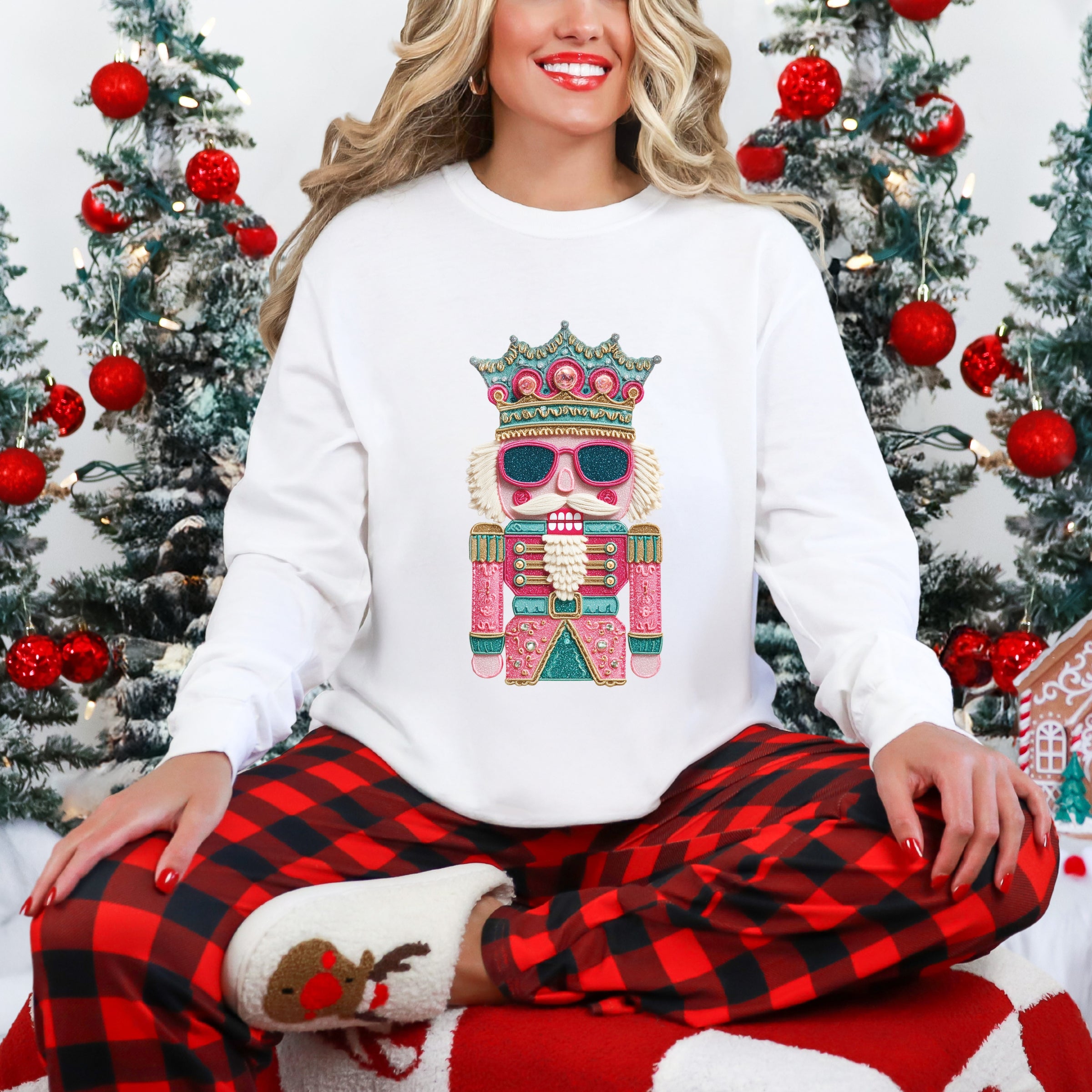 Pink and Teal Nutcracker Patchwork Print - Women's Garment Dyed Long Sleeve Graphic T-Shirt
