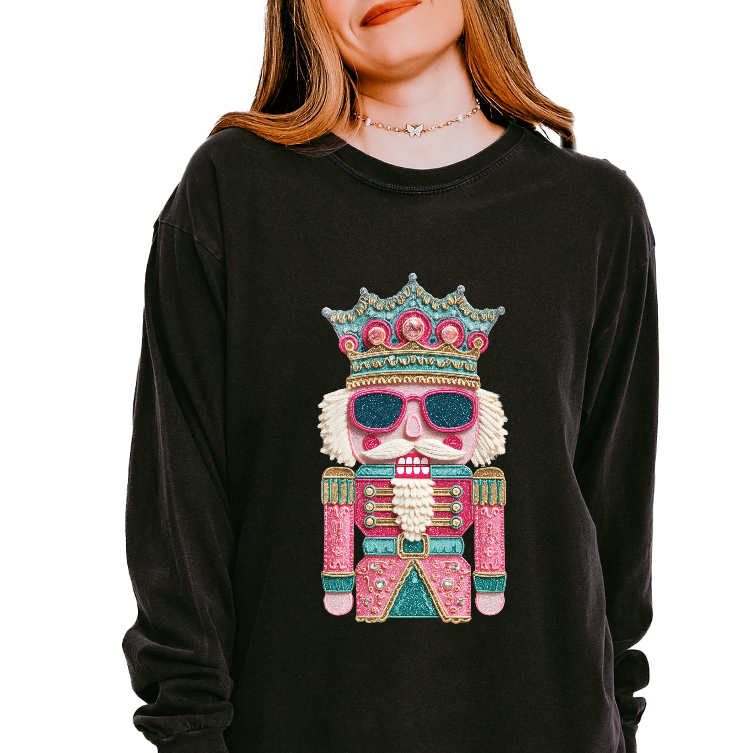 Pink and Teal Nutcracker Patchwork Print - Women's Garment Dyed Long Sleeve Graphic T-Shirt