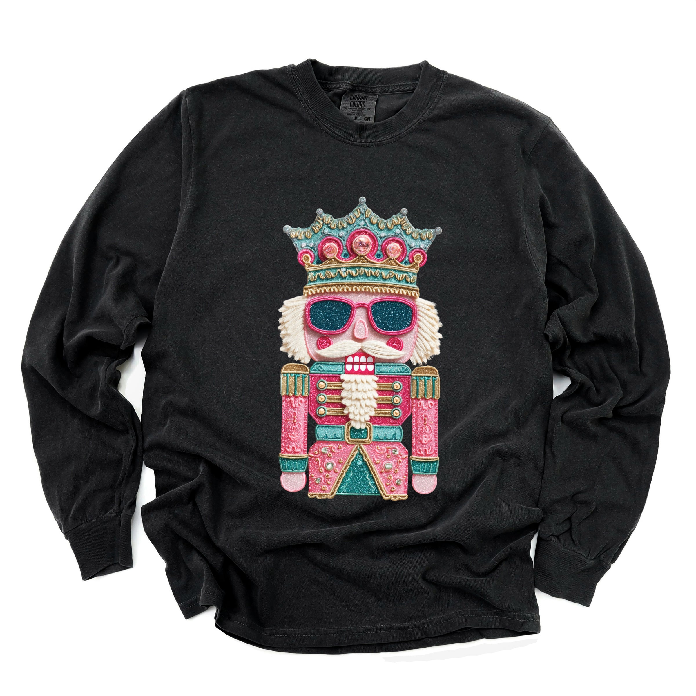 Pink and Teal Nutcracker Patchwork Print - Women's Garment Dyed Long Sleeve Graphic T-Shirt