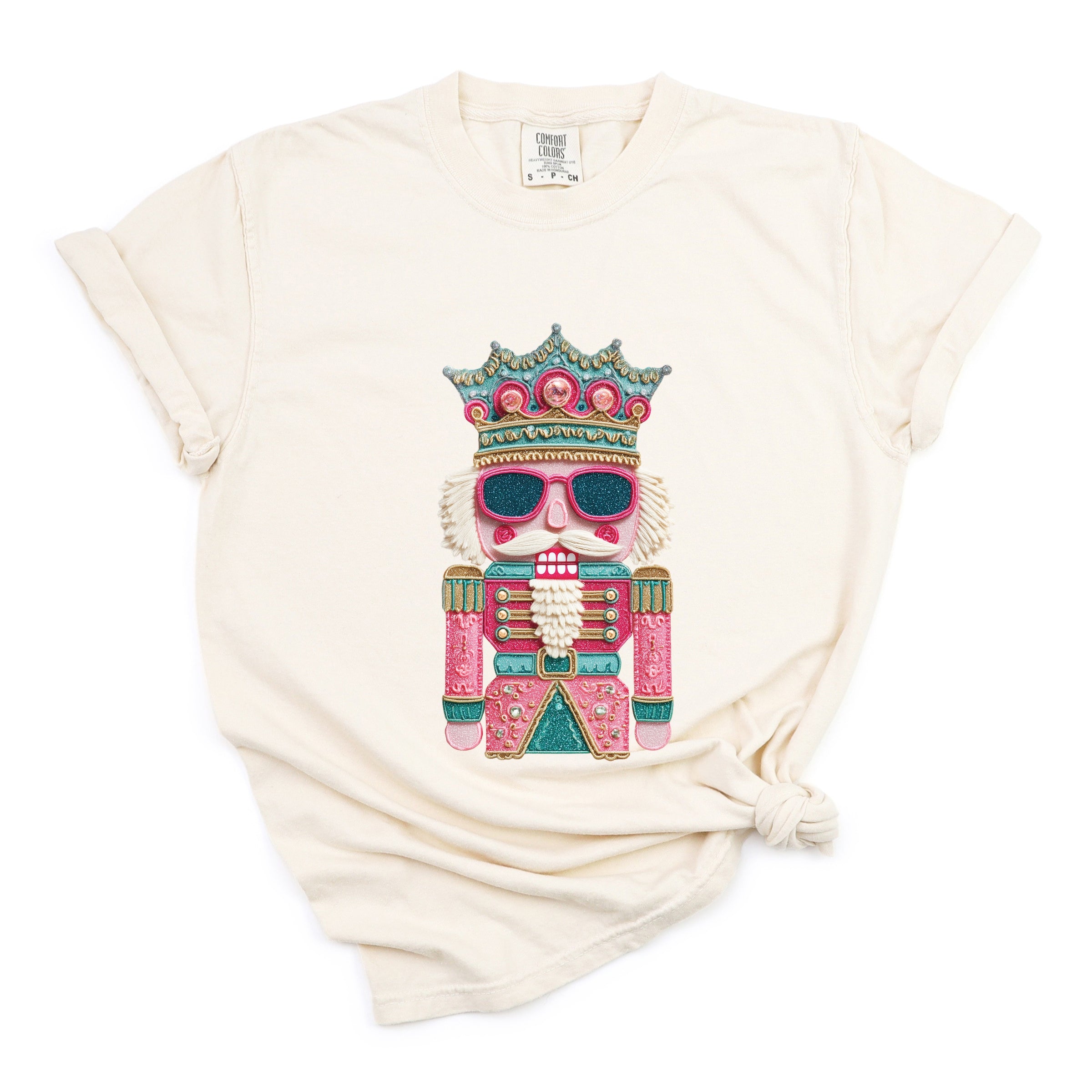 Pink and Teal Nutcracker Patchwork Print - Women's Garment Dyed Graphic T-Shirt