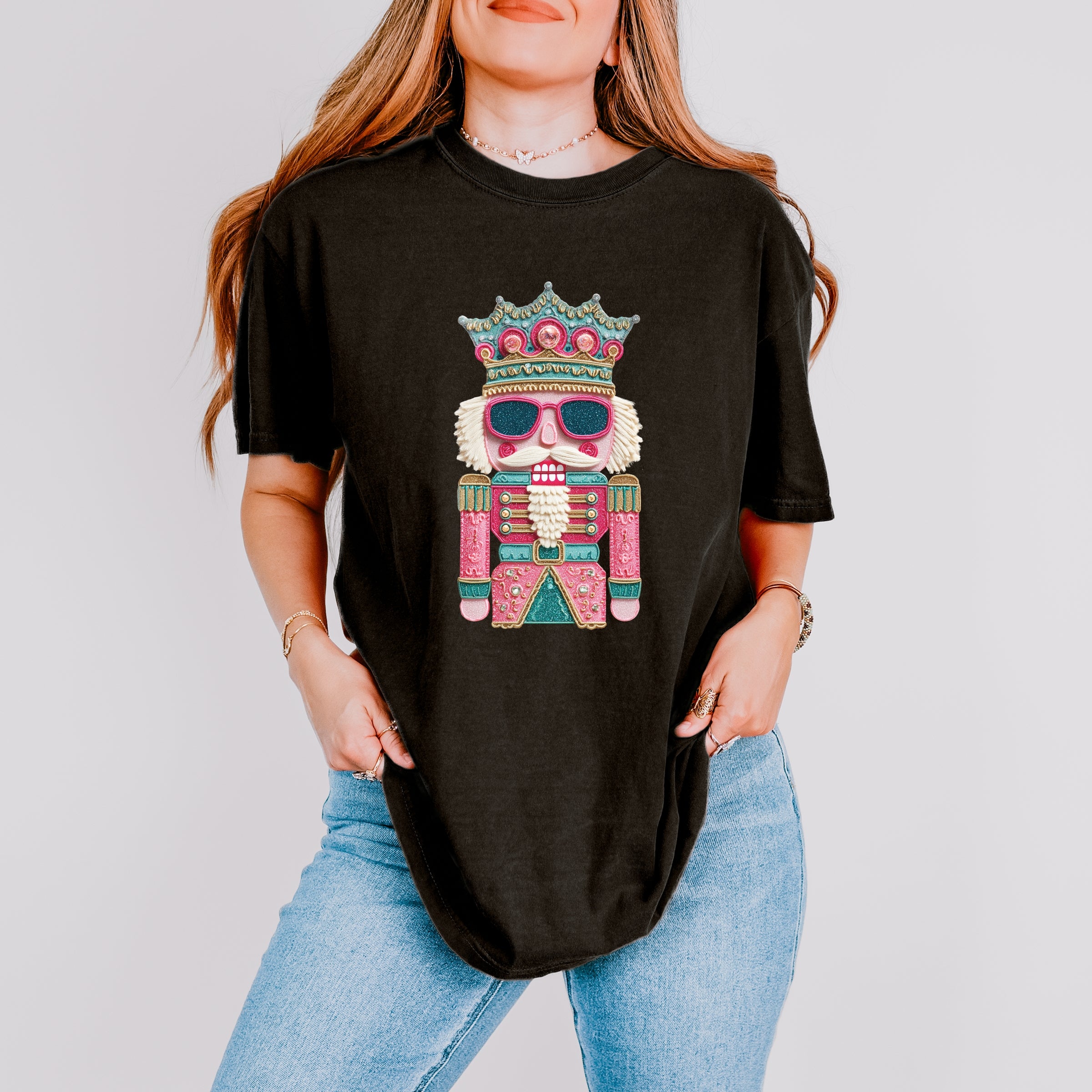Pink and Teal Nutcracker Patchwork Print - Women's Garment Dyed Graphic T-Shirt