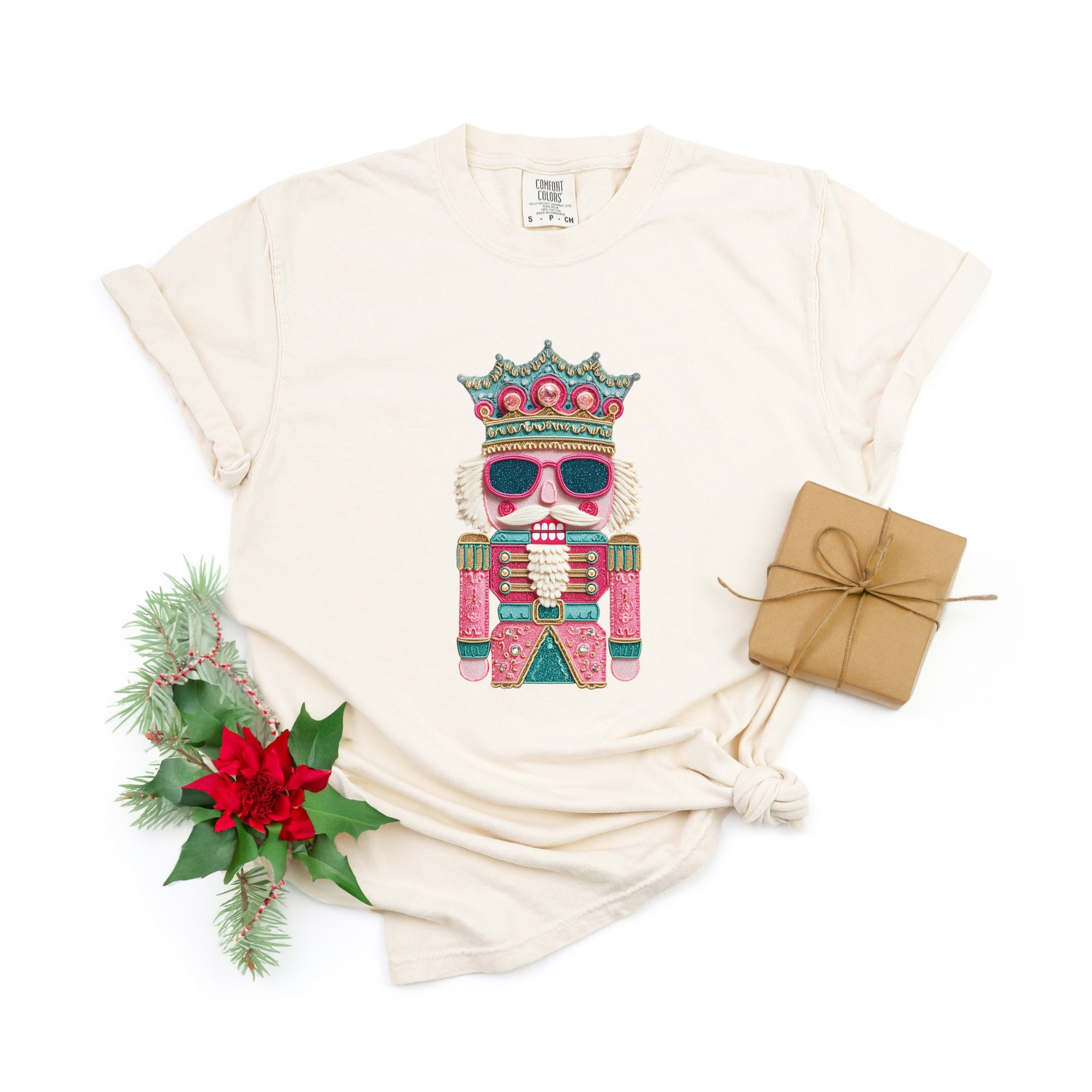 Pink and Teal Nutcracker Patchwork Print - Women's Garment Dyed Graphic T-Shirt