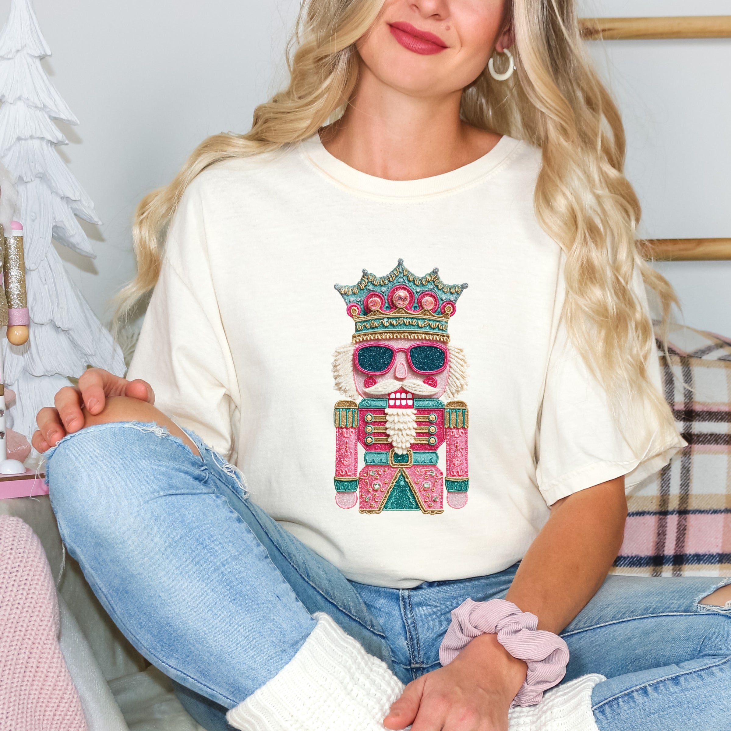 Pink and Teal Nutcracker Patchwork Print - Women's Garment Dyed Graphic T-Shirt