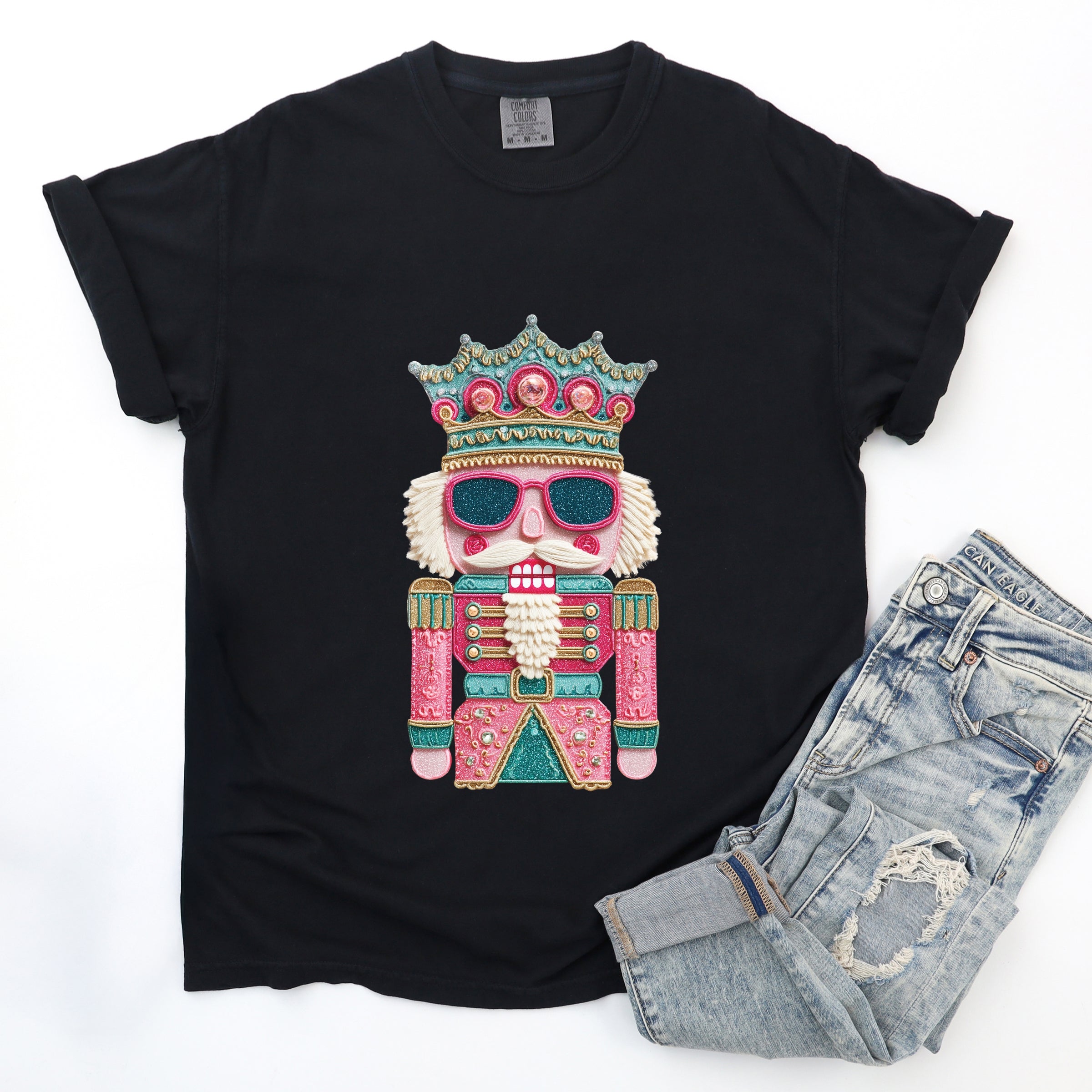 Pink and Teal Nutcracker Patchwork Print - Women's Garment Dyed Graphic T-Shirt