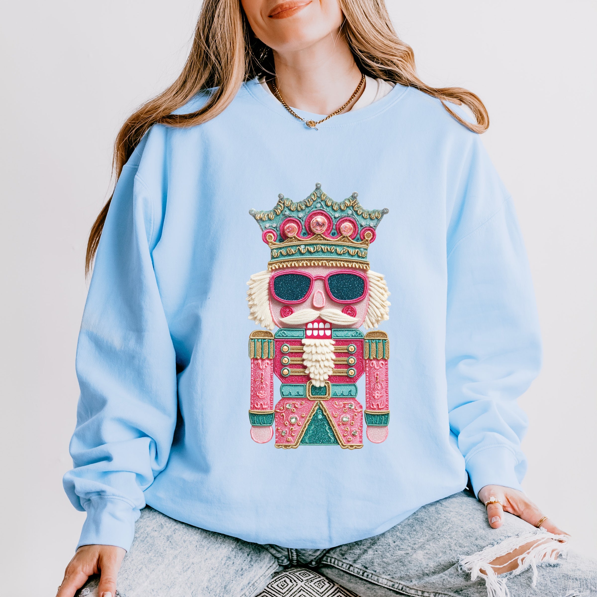 Pink and Teal Nutcracker Patchwork Print - Women's Lightweight Garment Dyed Sweatshirt