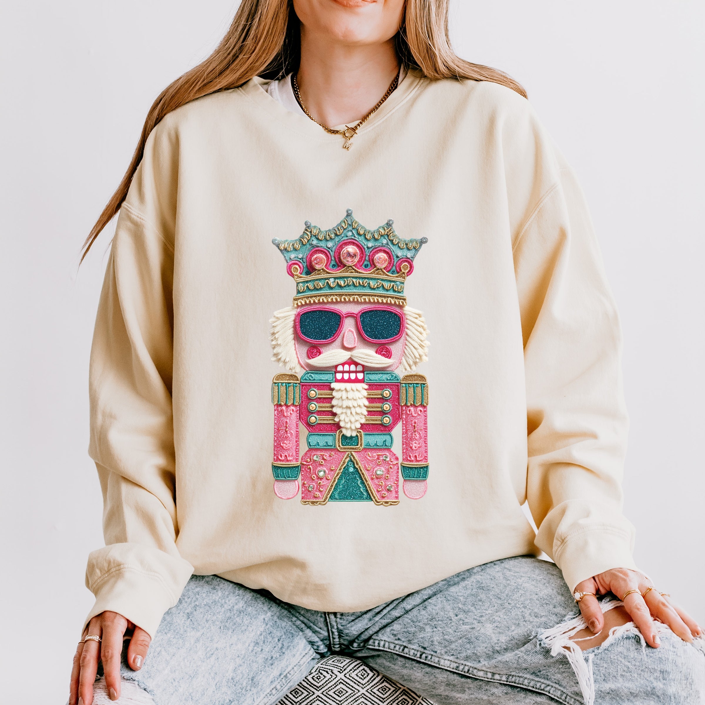 Pink and Teal Nutcracker Patchwork Print - Women's Lightweight Garment Dyed Sweatshirt