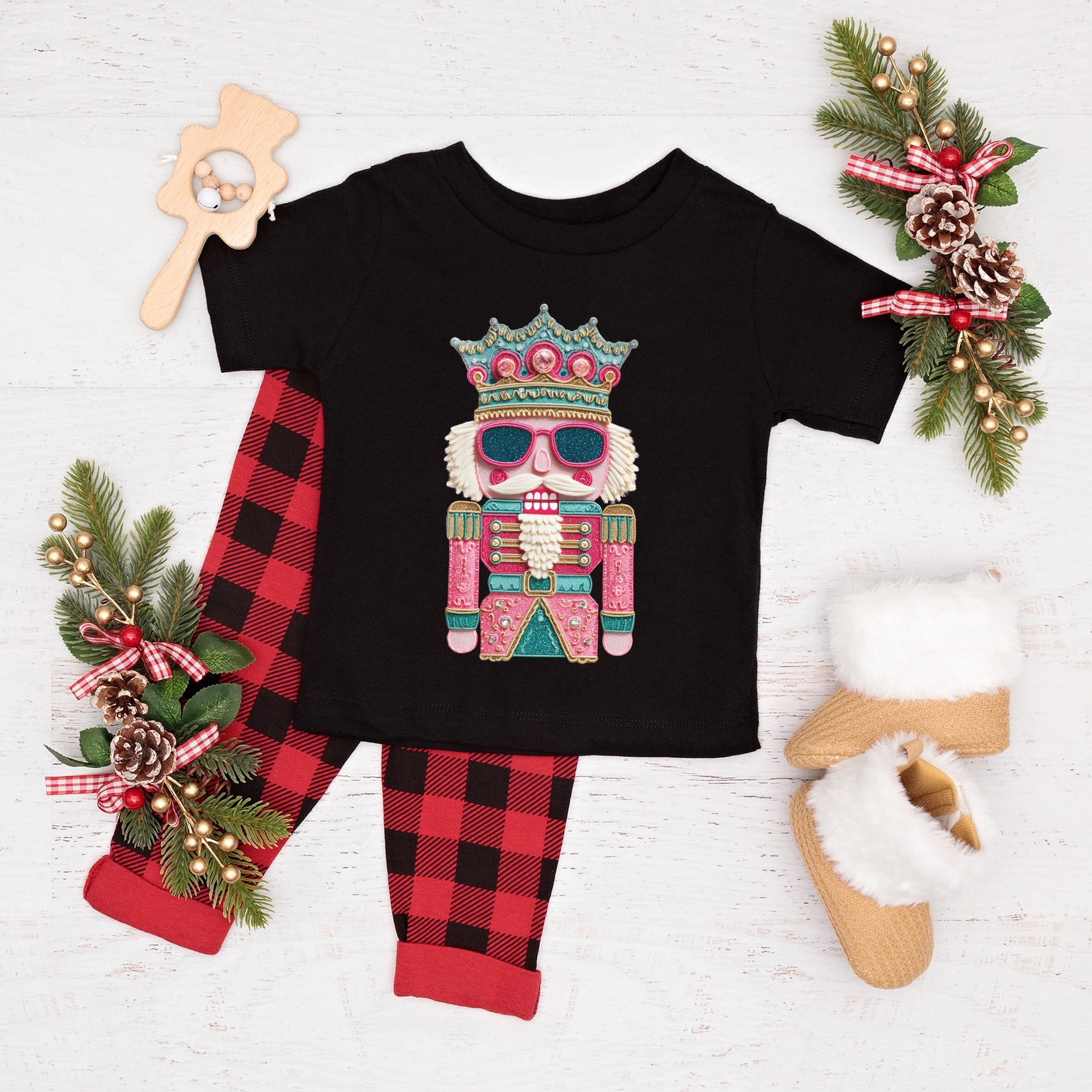 Pink and Teal Nutcracker Patchwork Print - Youth Short Sleeve Graphic T-Shirt and Toddler Short Sleeve Graphic T-Shirt