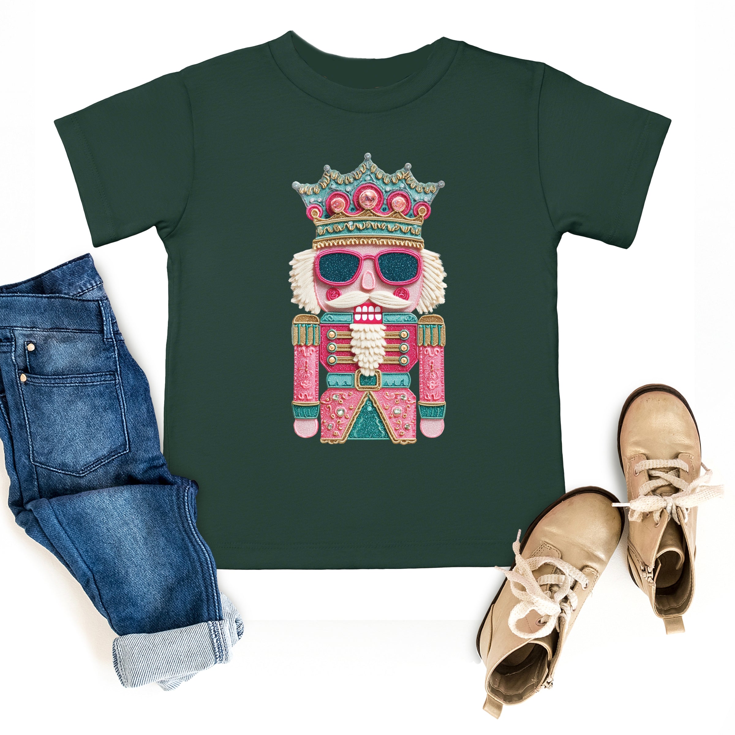 Pink and Teal Nutcracker Patchwork Print - Youth Short Sleeve Graphic T-Shirt and Toddler Short Sleeve Graphic T-Shirt