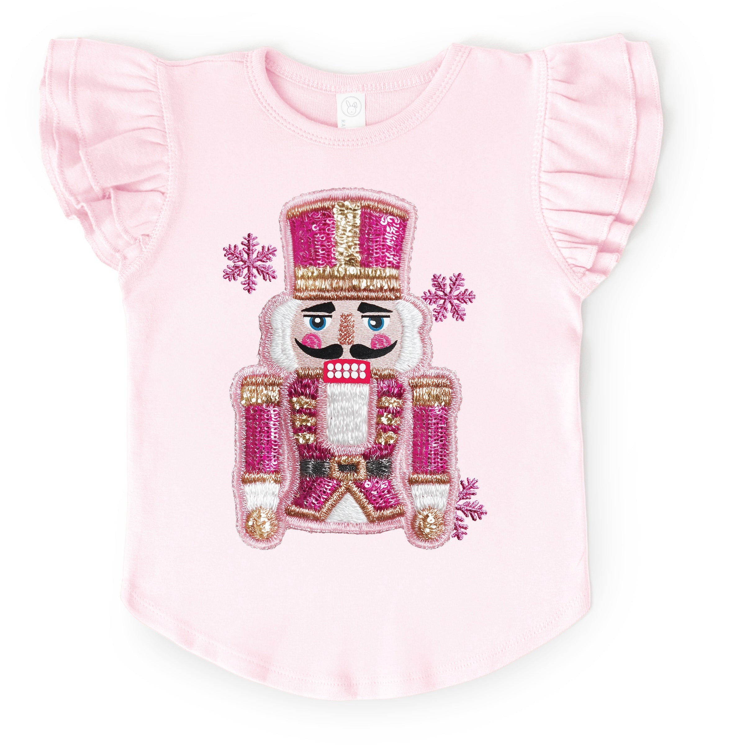 Pink Snowflake Nutcracker Patchwork Print - Flutter Sleeve Graphic T-Shirt