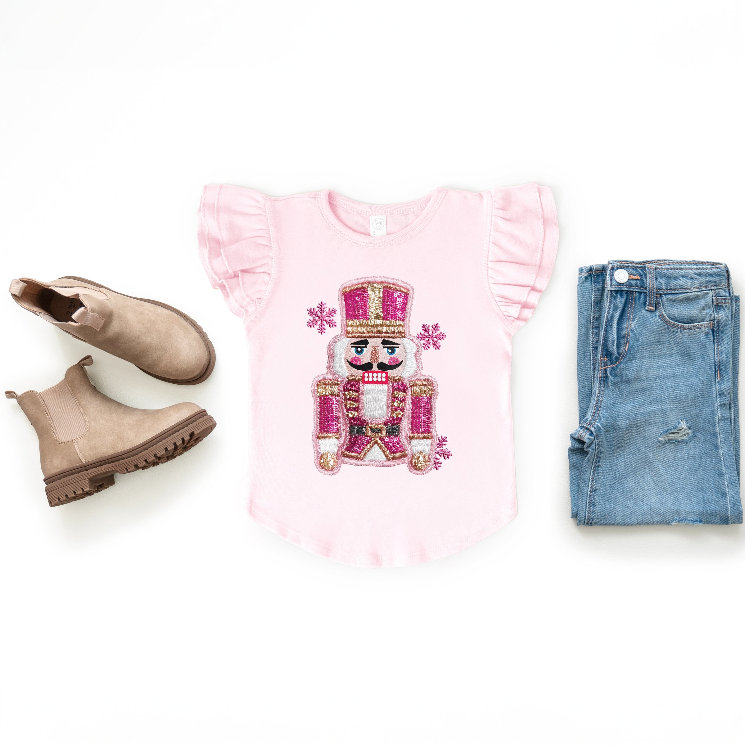 Pink Snowflake Nutcracker Patchwork Print - Flutter Sleeve Graphic T-Shirt