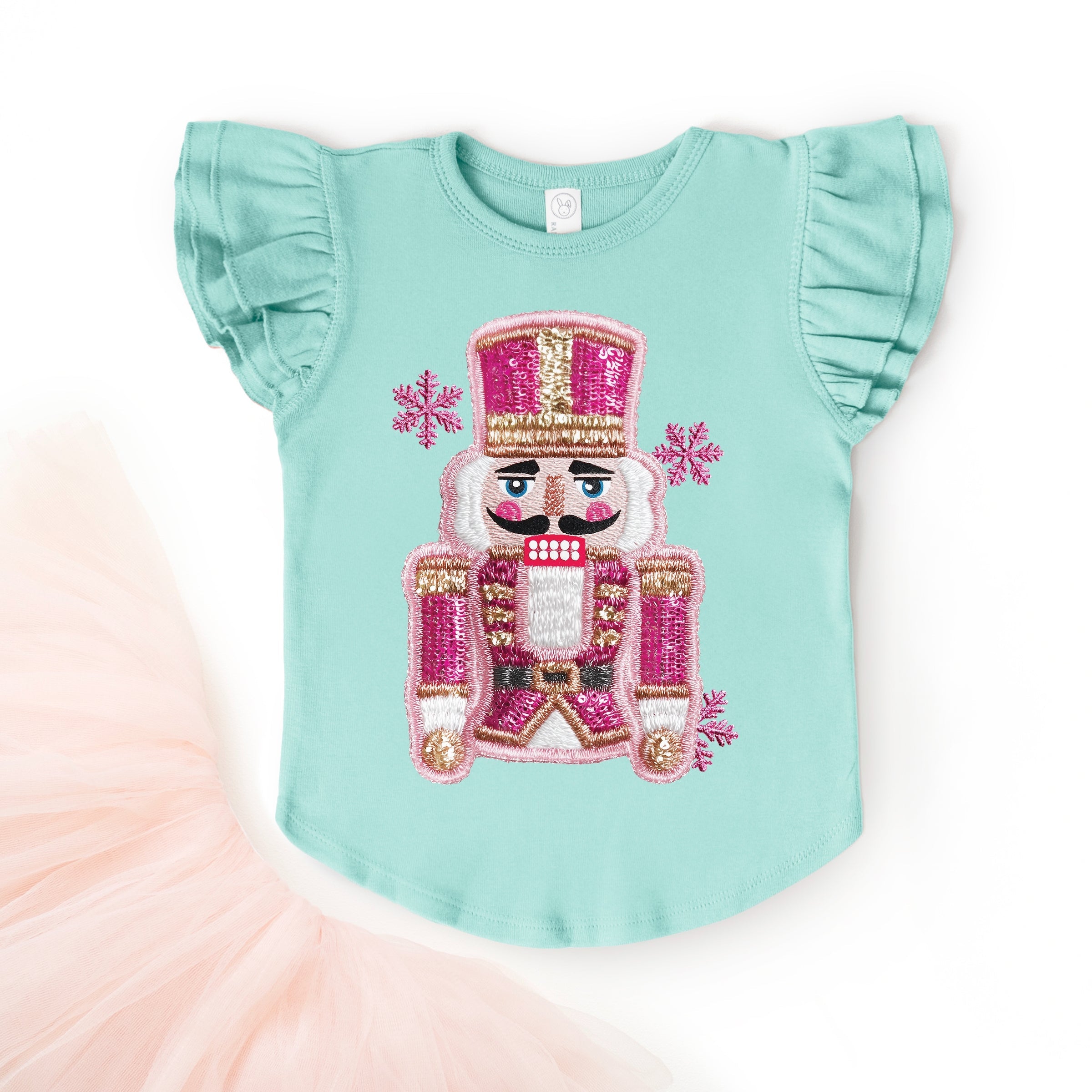 Pink Snowflake Nutcracker Patchwork Print - Flutter Sleeve Graphic T-Shirt