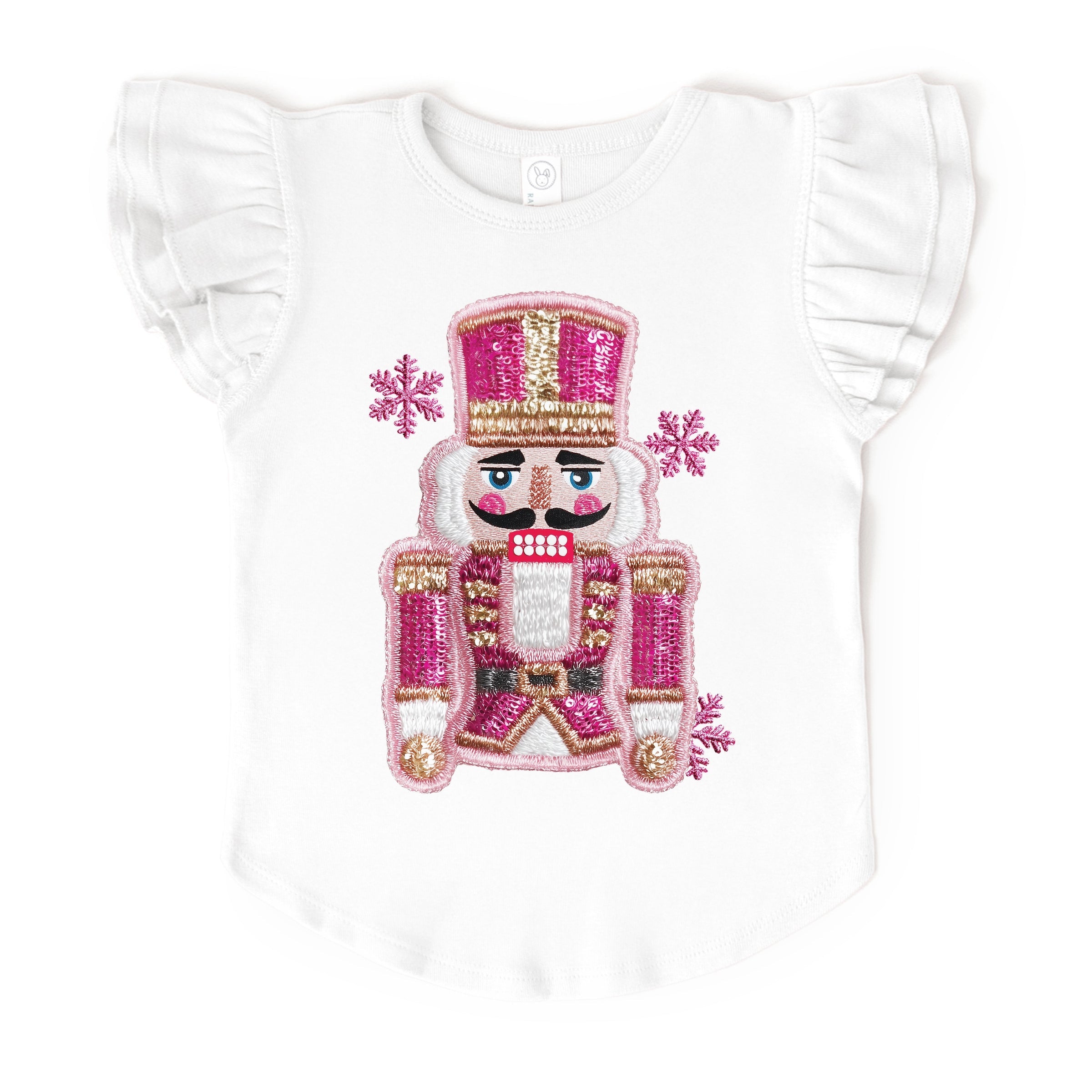 Pink Snowflake Nutcracker Patchwork Print - Flutter Sleeve Graphic T-Shirt