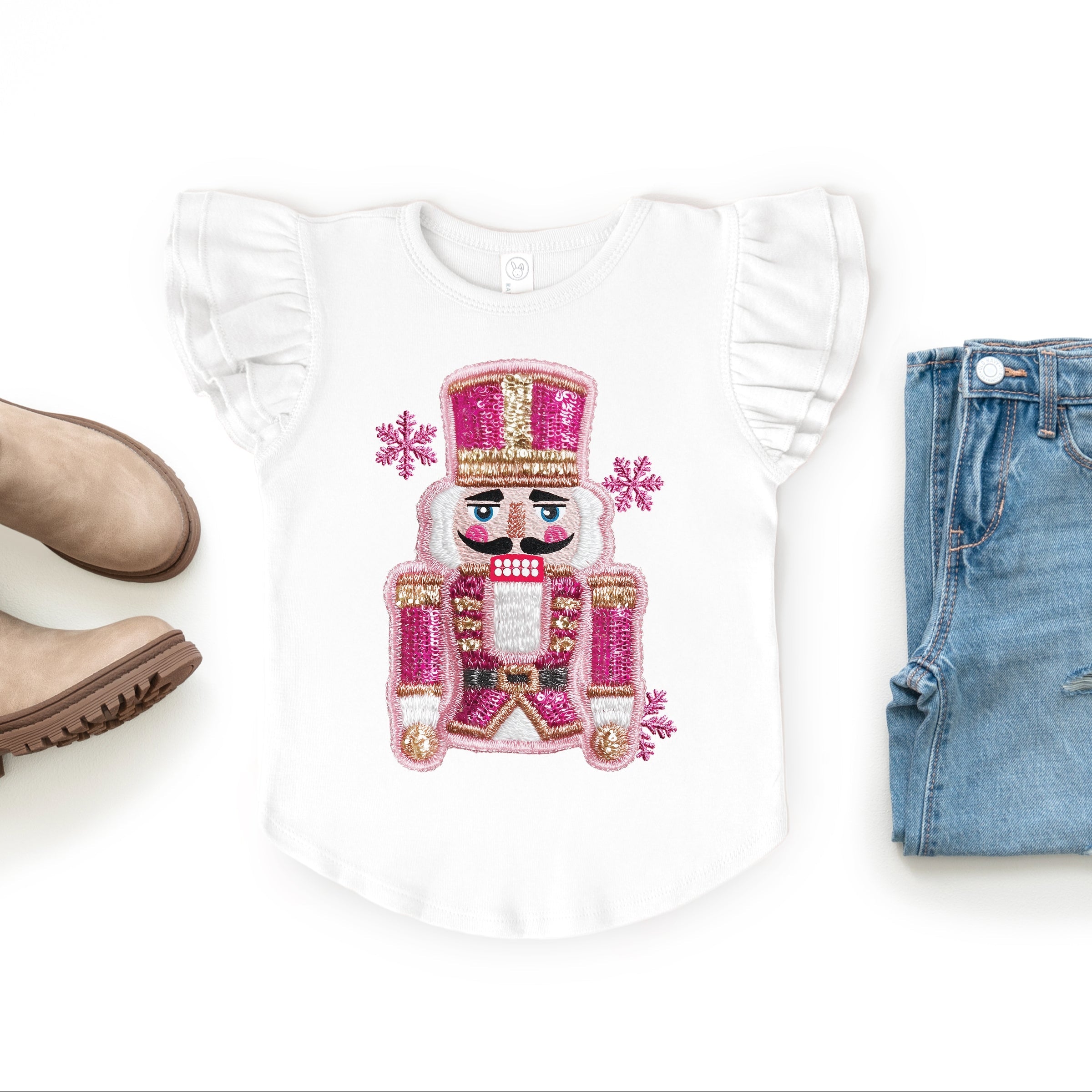 Pink Snowflake Nutcracker Patchwork Print - Flutter Sleeve Graphic T-Shirt