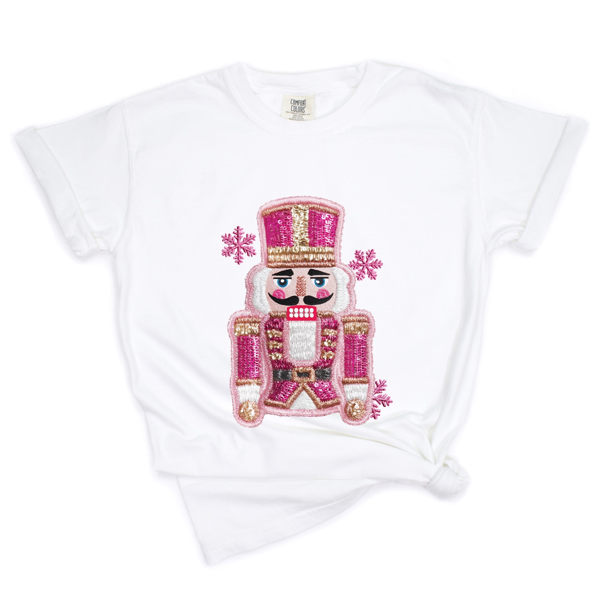 Pink Snowflake Nutcracker Patchwork Print - Women's Garment Dyed Graphic T-Shirt