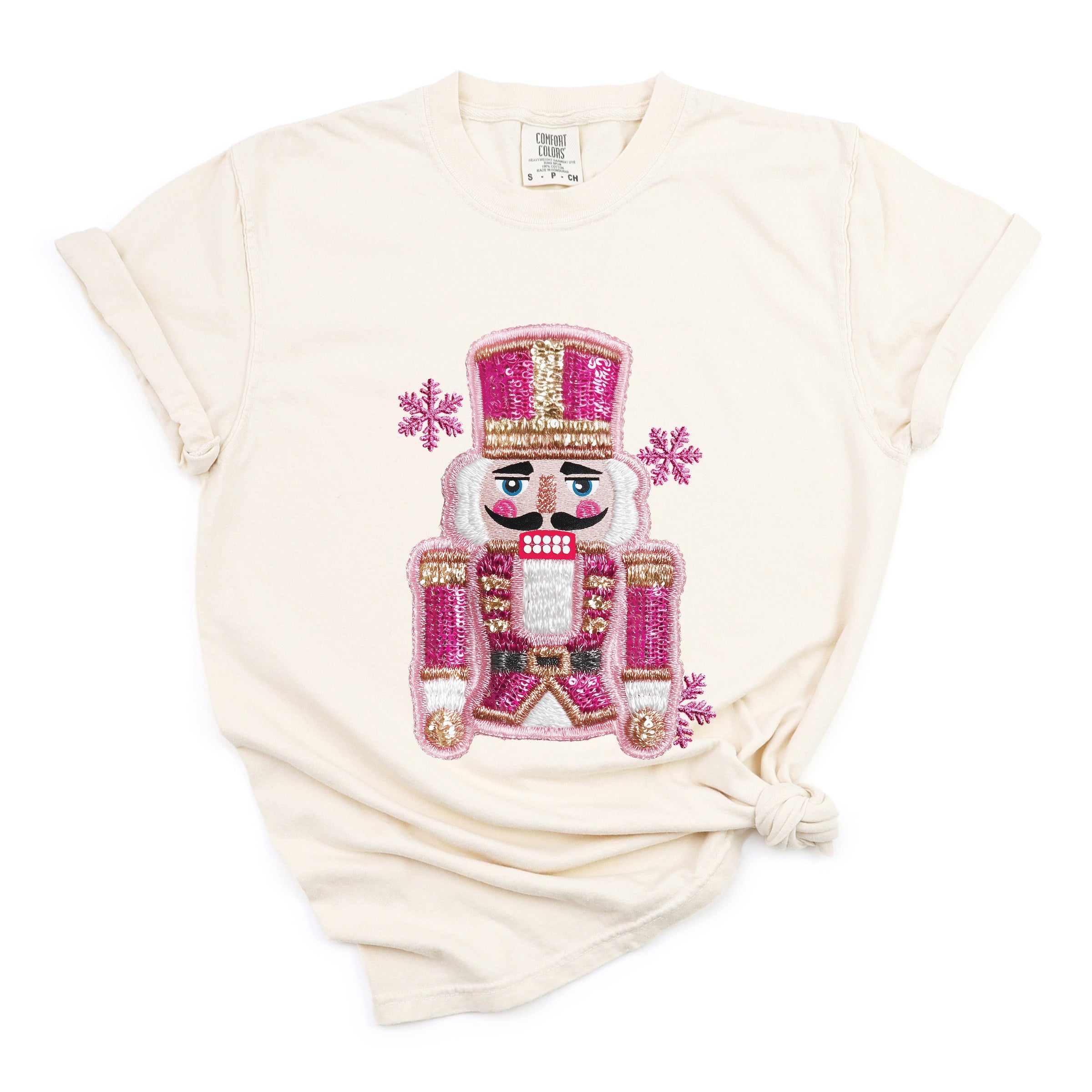 Pink Snowflake Nutcracker Patchwork Print - Women's Garment Dyed Graphic T-Shirt