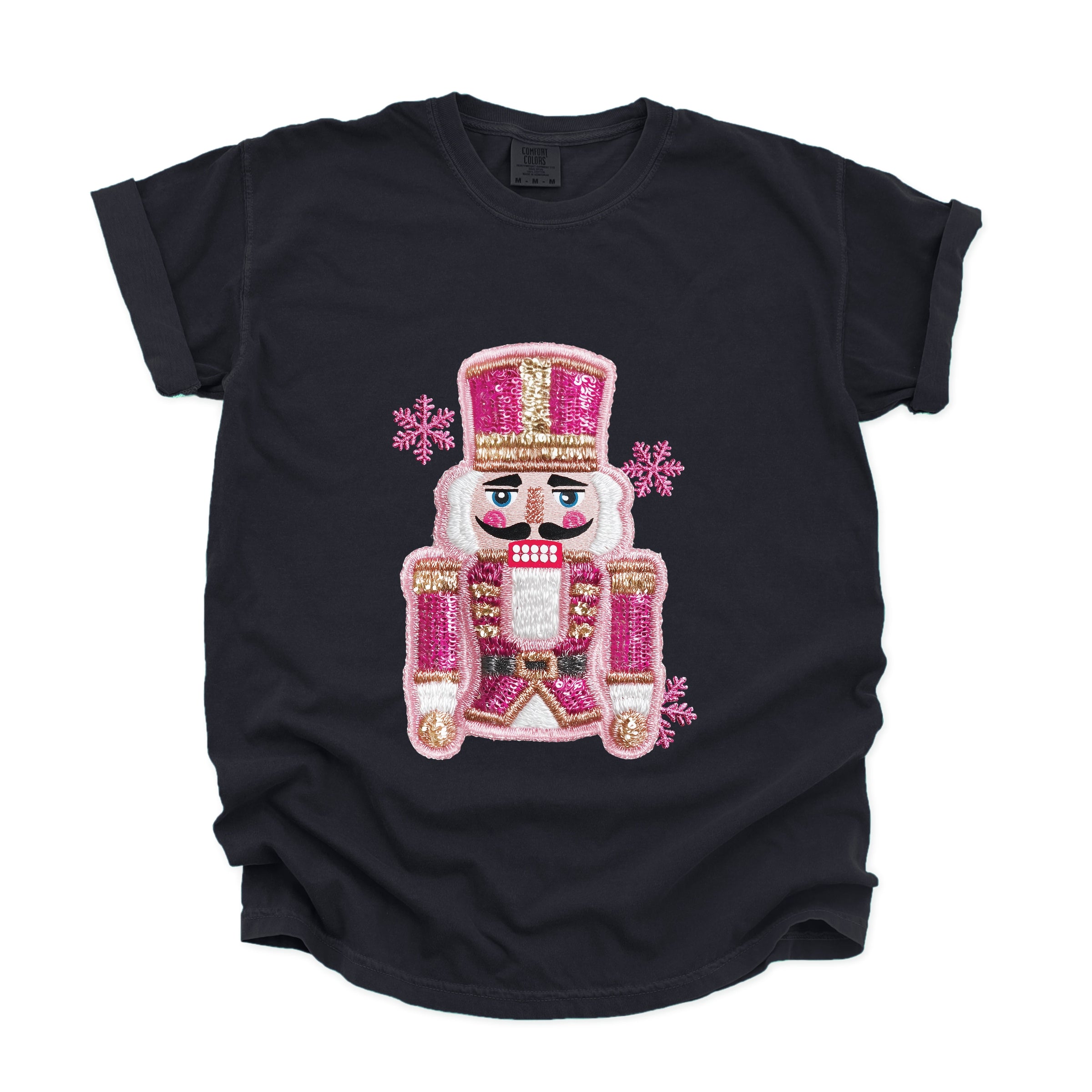 Pink Snowflake Nutcracker Patchwork Print - Women's Garment Dyed Graphic T-Shirt