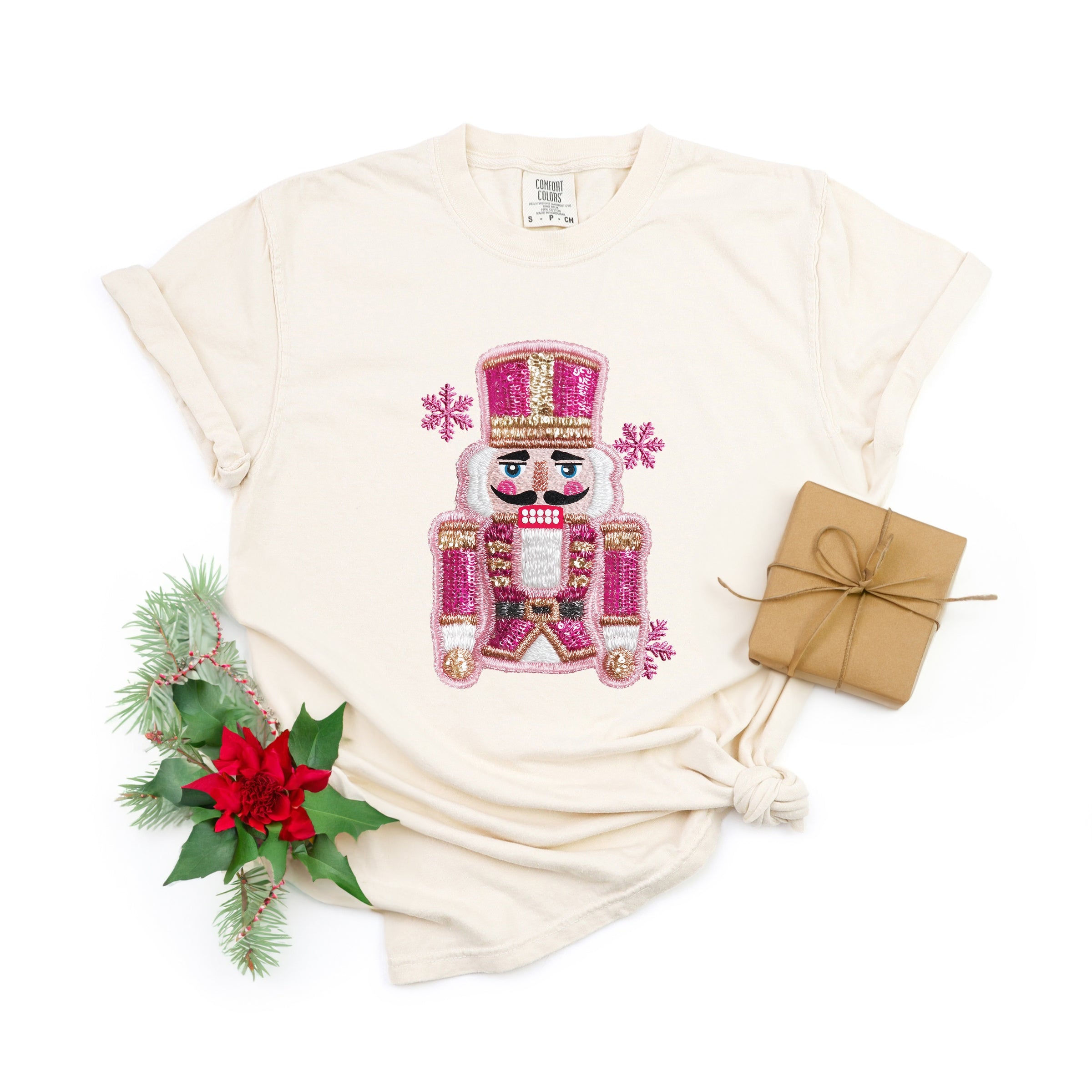 Pink Snowflake Nutcracker Patchwork Print - Women's Garment Dyed Graphic T-Shirt