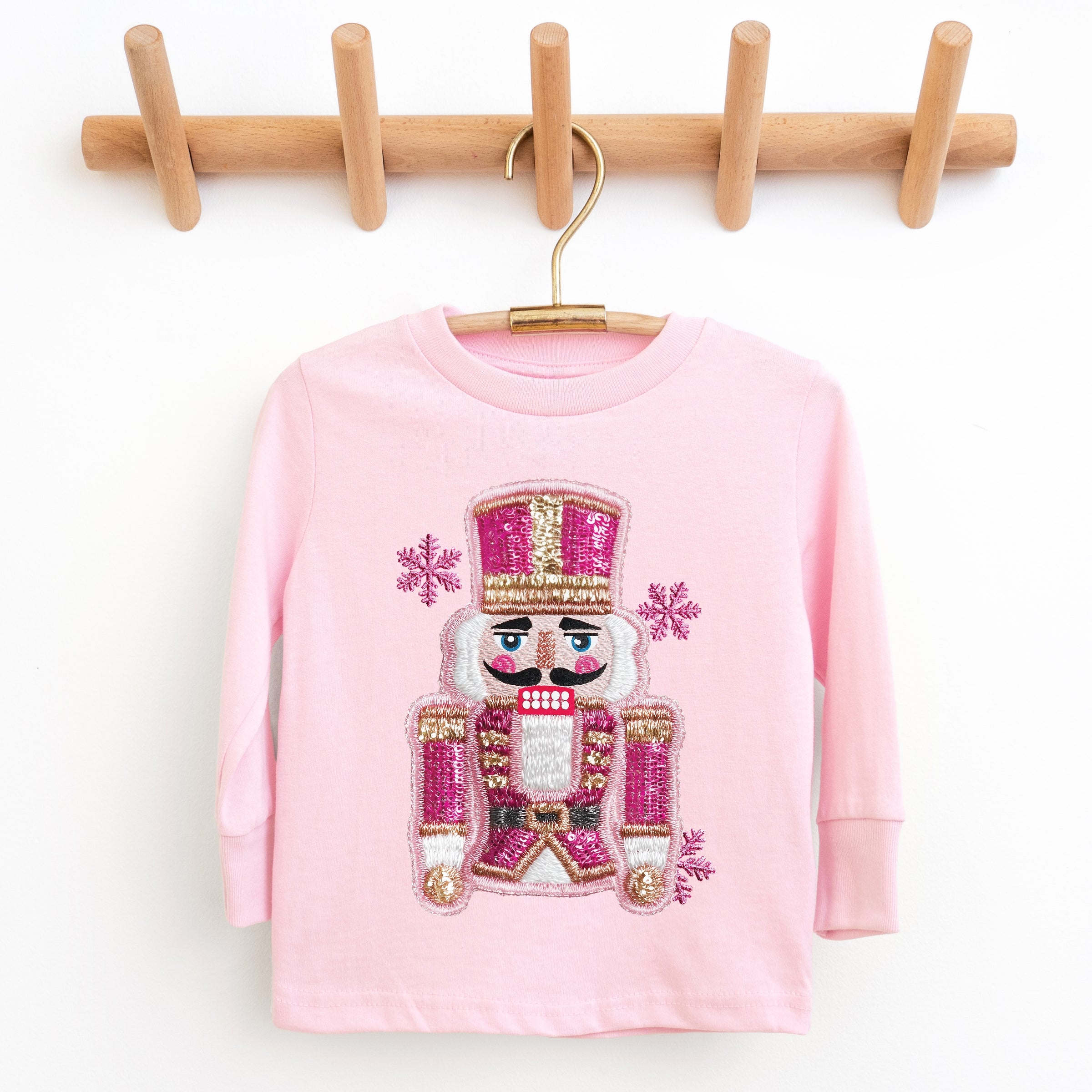 Pink Snowflake Nutcracker Patchwork Print - Toddler Long Sleeve Graphic Tee and Youth Long Sleeve Graphic T-Shirt