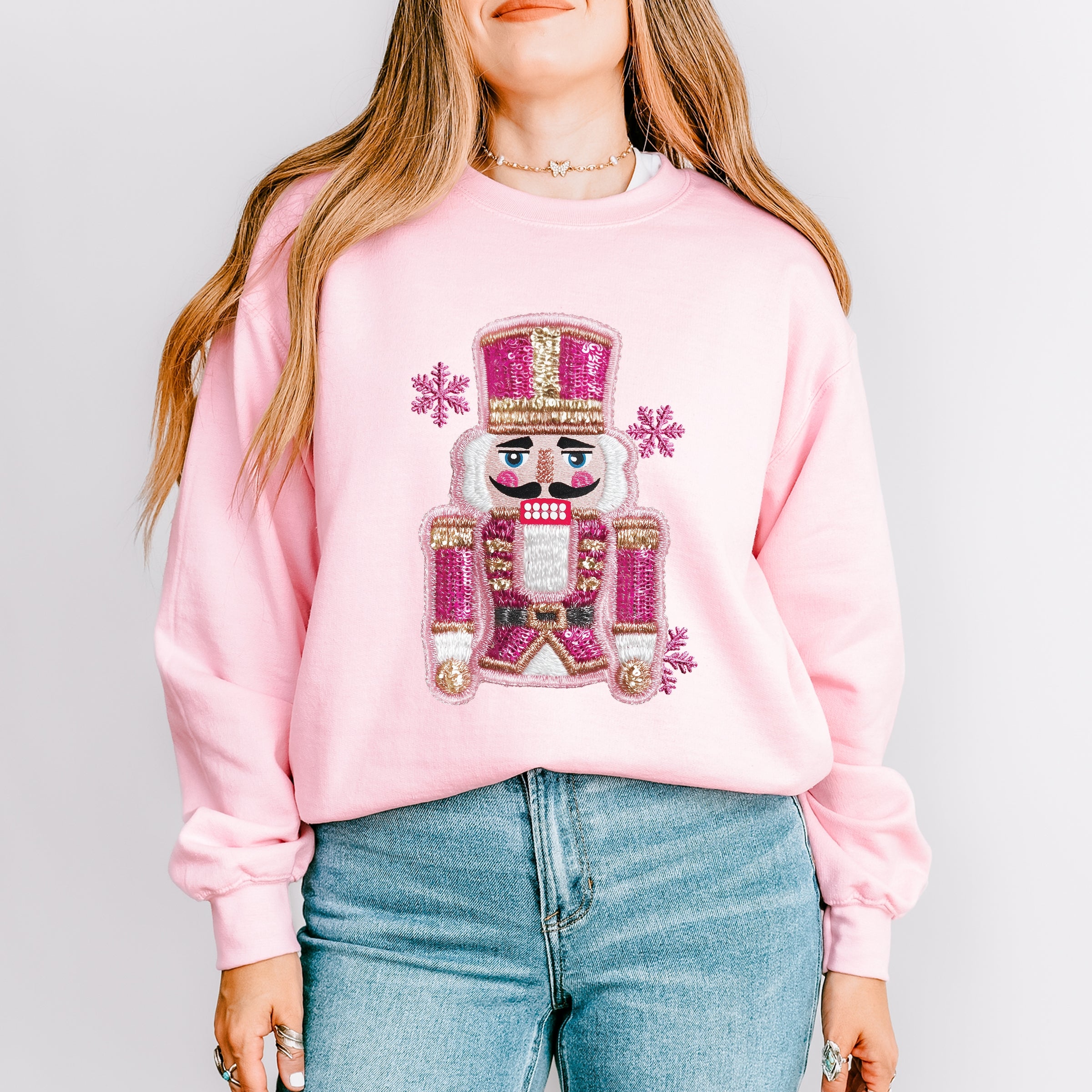 Pink Snowflake Nutcracker Patchwork Print - Women's Graphic Sweatshirt