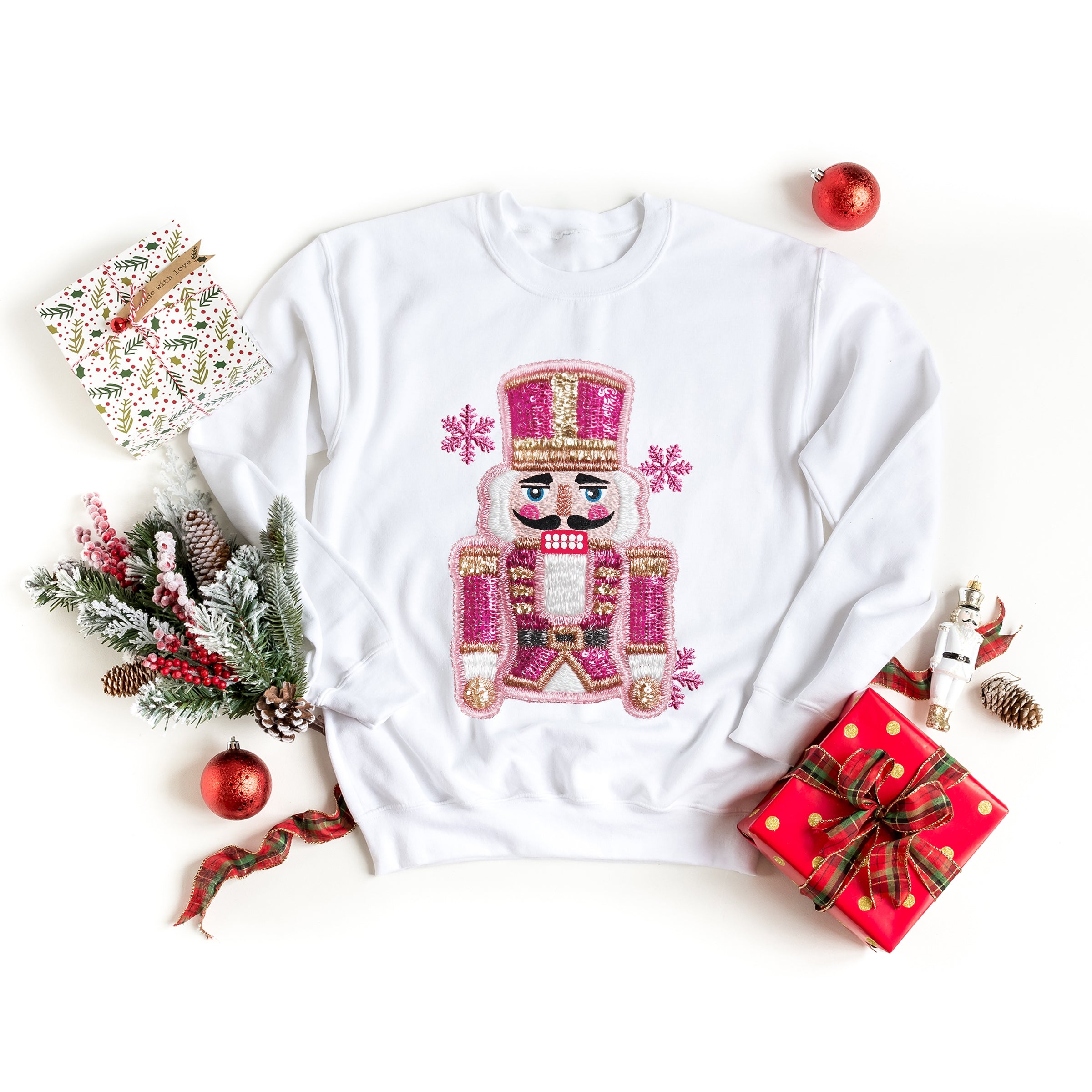 Pink Snowflake Nutcracker Patchwork Print - Women's Graphic Sweatshirt