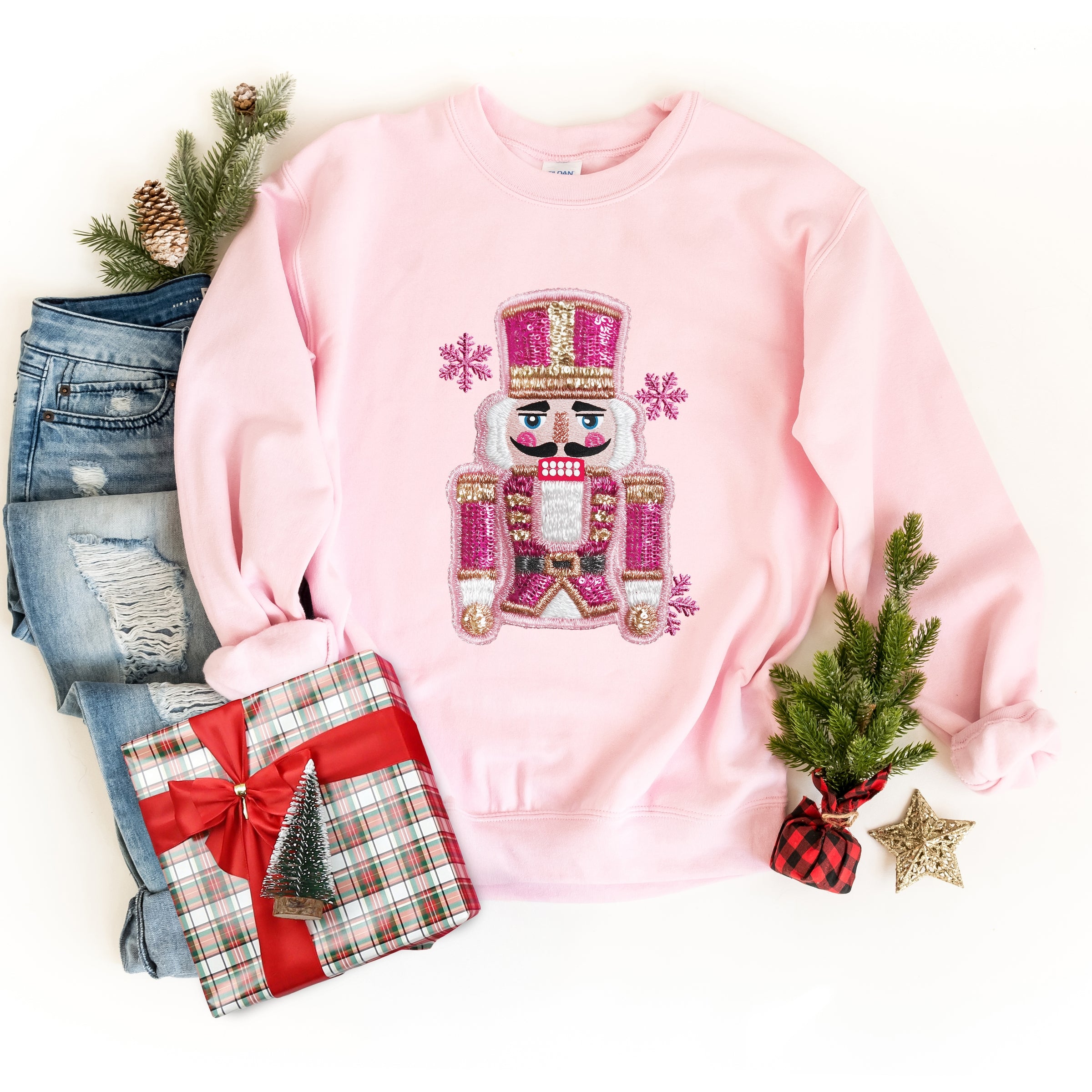 Pink Snowflake Nutcracker Patchwork Print - Women's Graphic Sweatshirt
